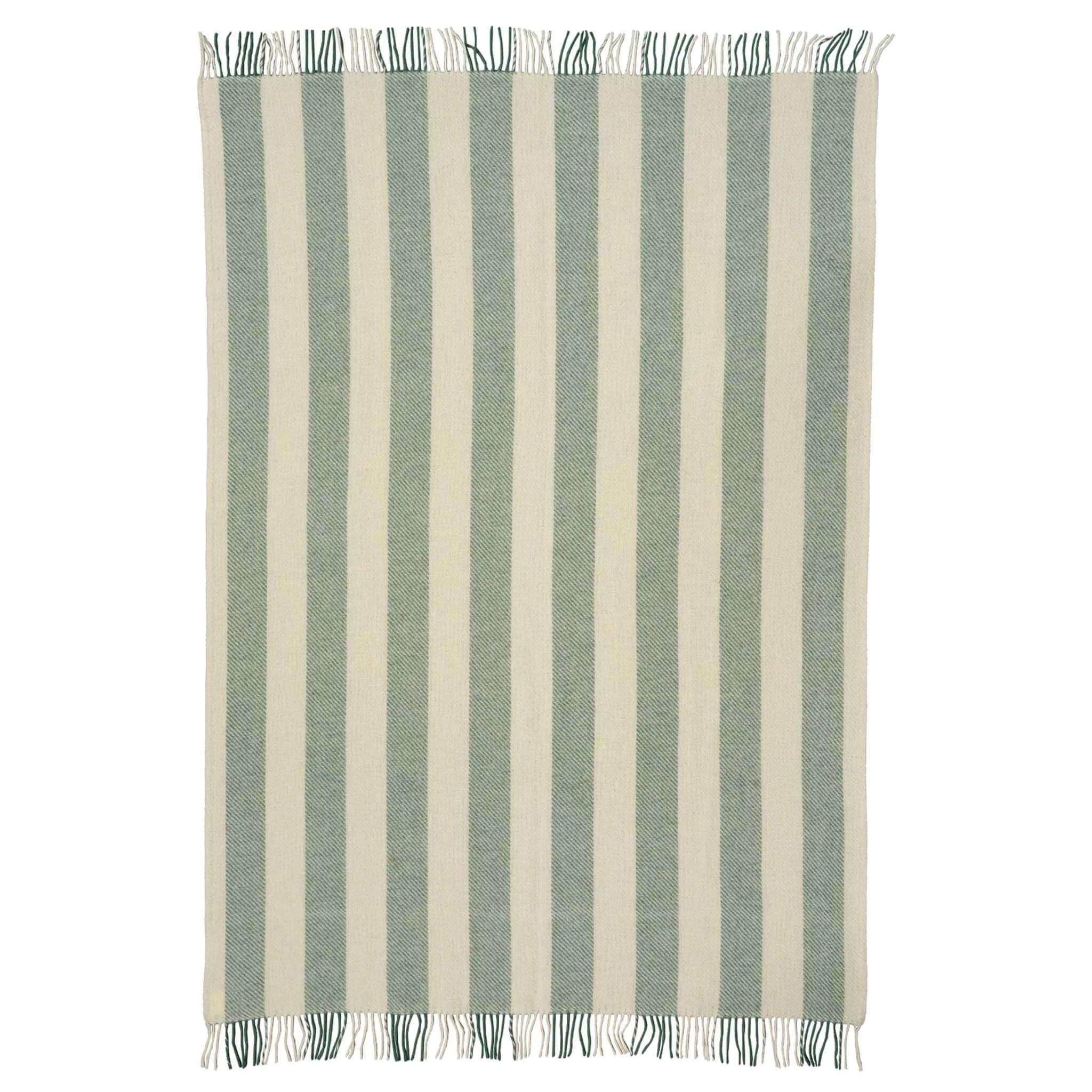 Klippan Yllefabrik Gotland Wool Vertical Stripe Throw - Green & White with bold stripes and fringed edges.