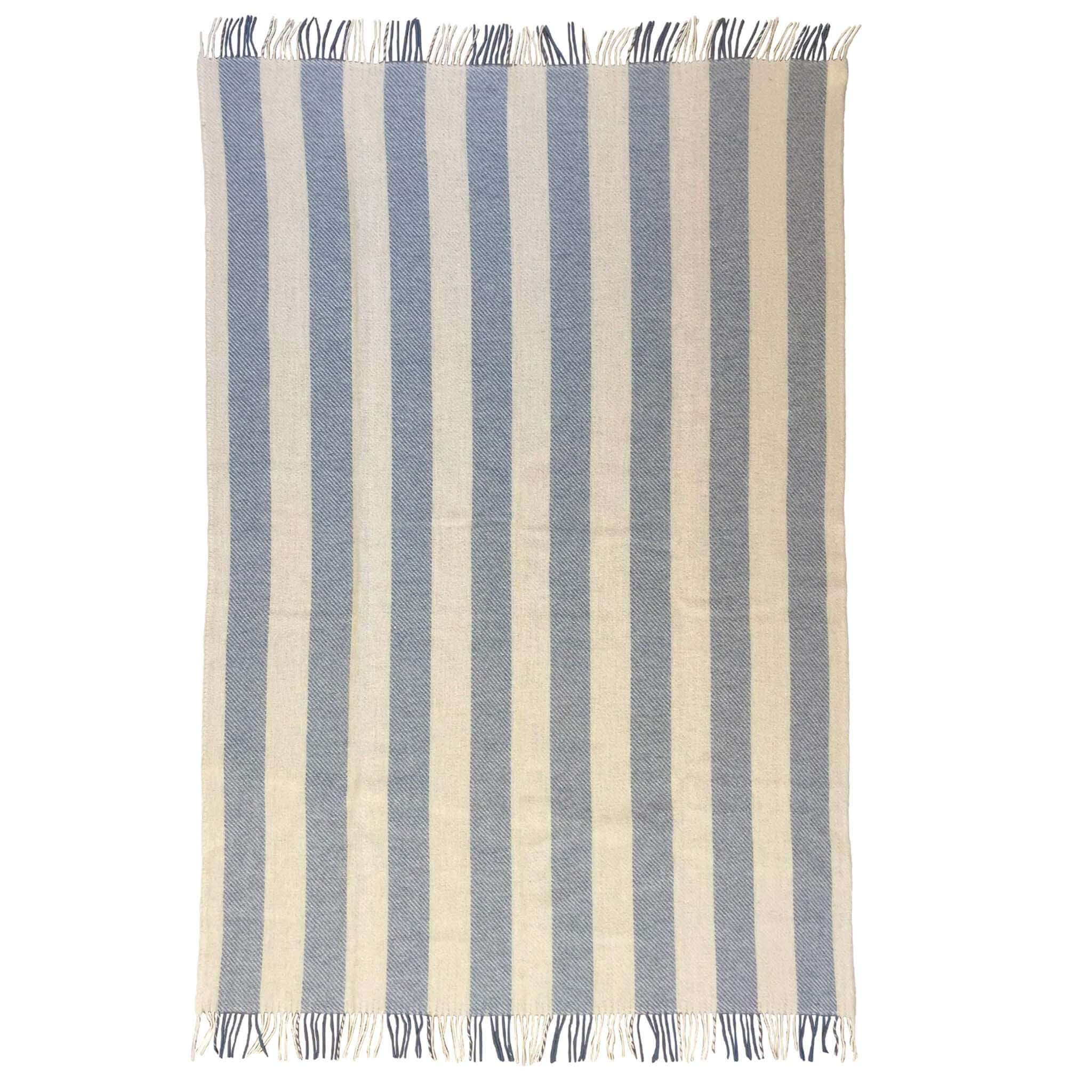 Klippan Yllefabrik Gotland Wool Vertical Stripe Throw - Heavenly Blue & White with bold vertical stripes.