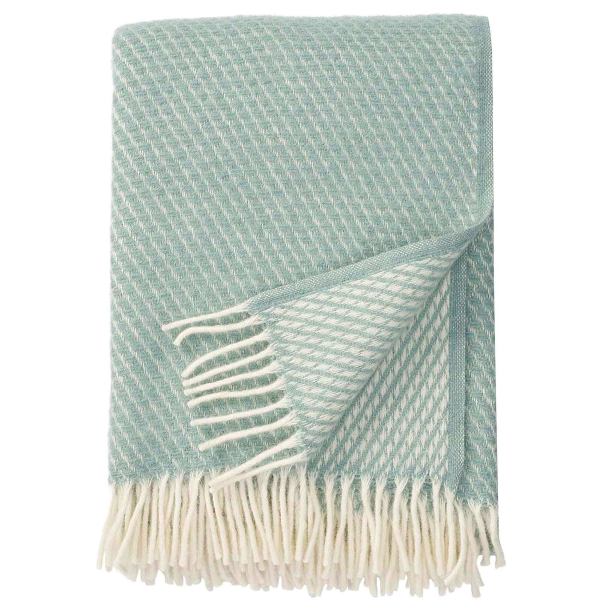 Klippan Yllefabrik Velvet Lambswool Throw - Duck Egg Blue with cream fringe detail and diamond pattern.
