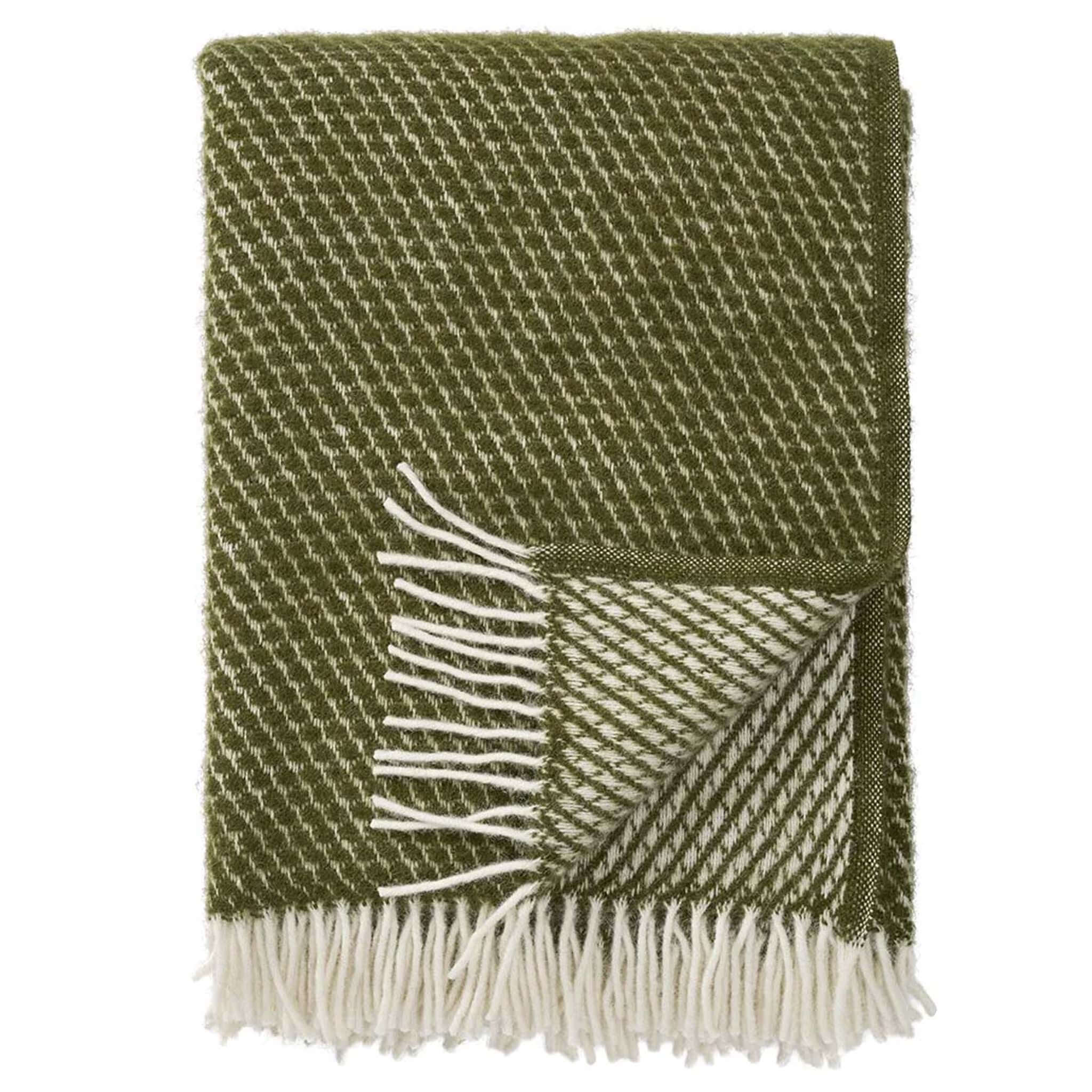Klippan Yllefabrik Velvet Lambswool Throw - Avocado with cream fringe trim and diamond pattern.