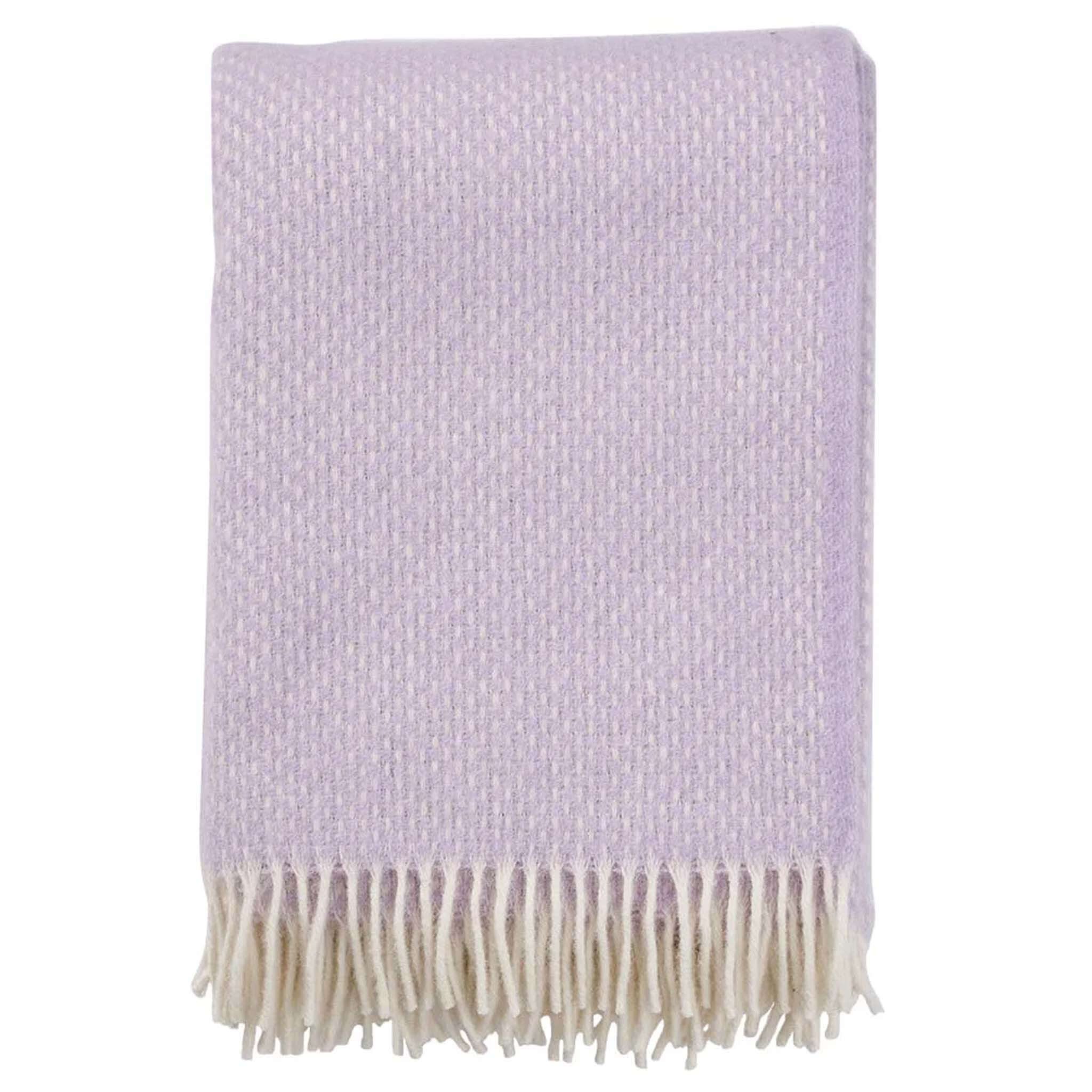 Klippan Yllefabrik Preppy Velvet Lambswool Throw - Lilac with cream fringe trim, beautifully woven from lambswool.