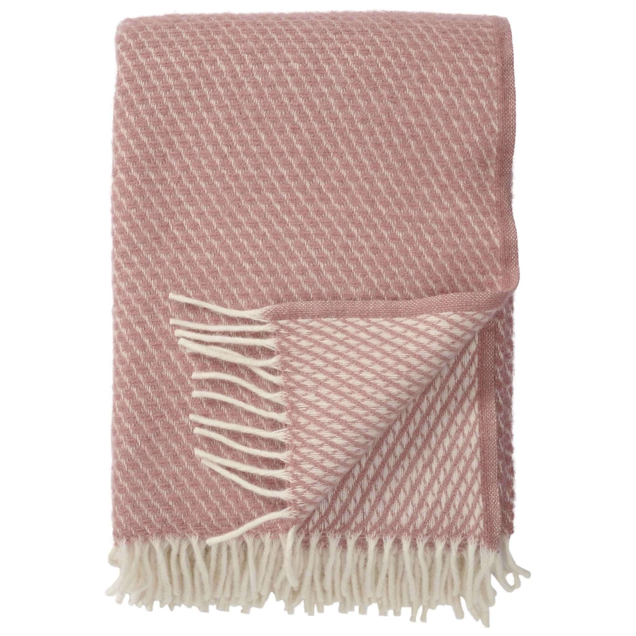 Klippan Yllefabrik Velvet Lambswool Throw - Rose with cream fringe trim and diamond pattern design.