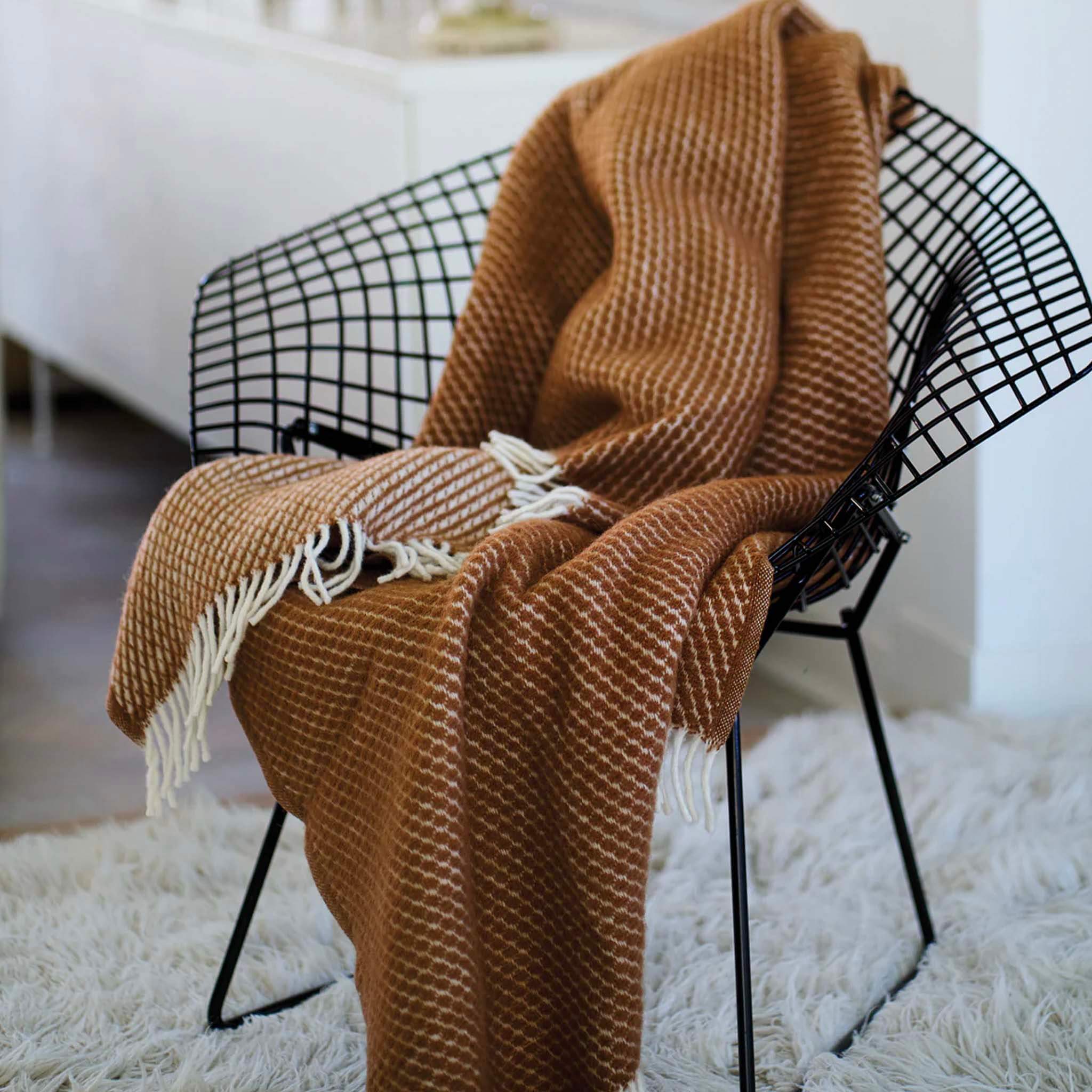 Klippan Yllefabrik Velvet Lambswool Throw - Mocha Mousse draped on a modern black chair with cream fringe trim.