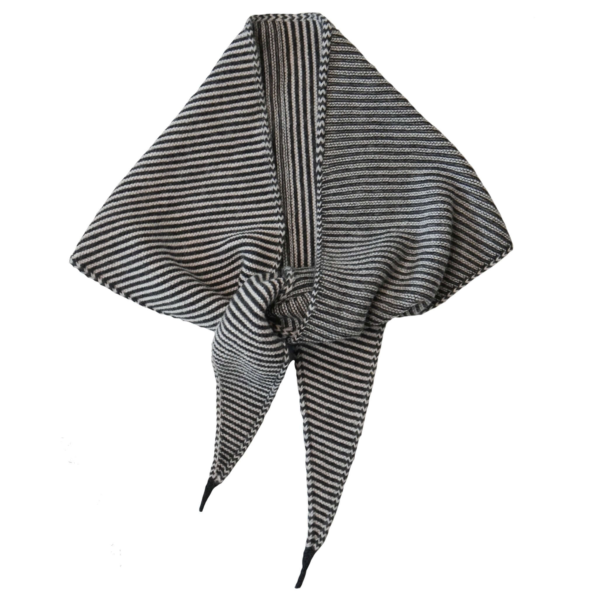 Knit Shepherd Punakaiki Merino Neckerchief - Ponga Black, stylish hand-knitted neckerchief in black and white stripes.