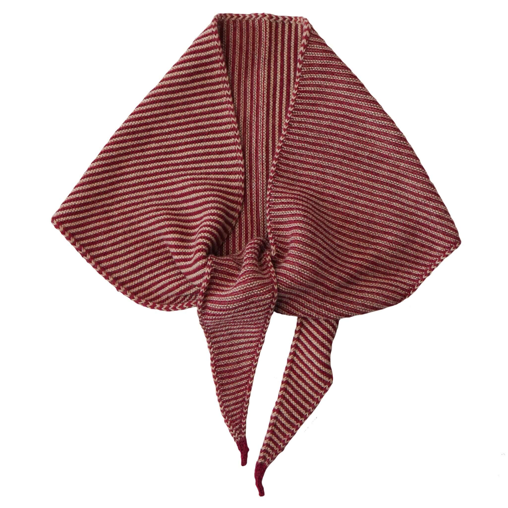Knit Shepherd Punakaiki Merino Neckerchief - Rata Red showcasing a beautiful garter stitch pattern in vibrant red.