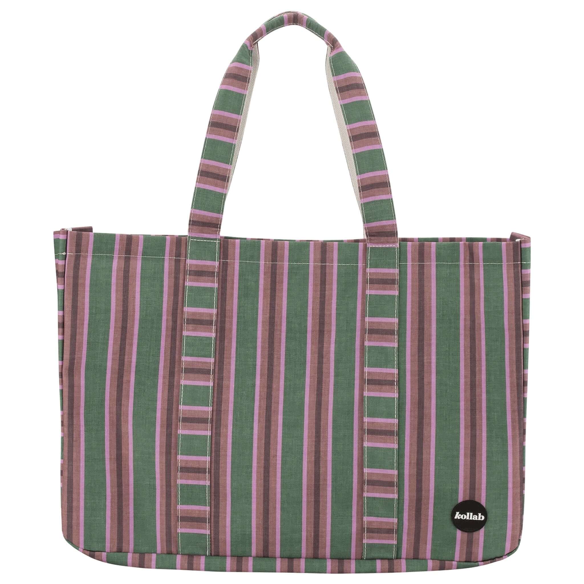 Alt Tag: Kollab Carryall Cargo Tote Bag - Forest Stripe oversized striped tote bag with long handles and structured base