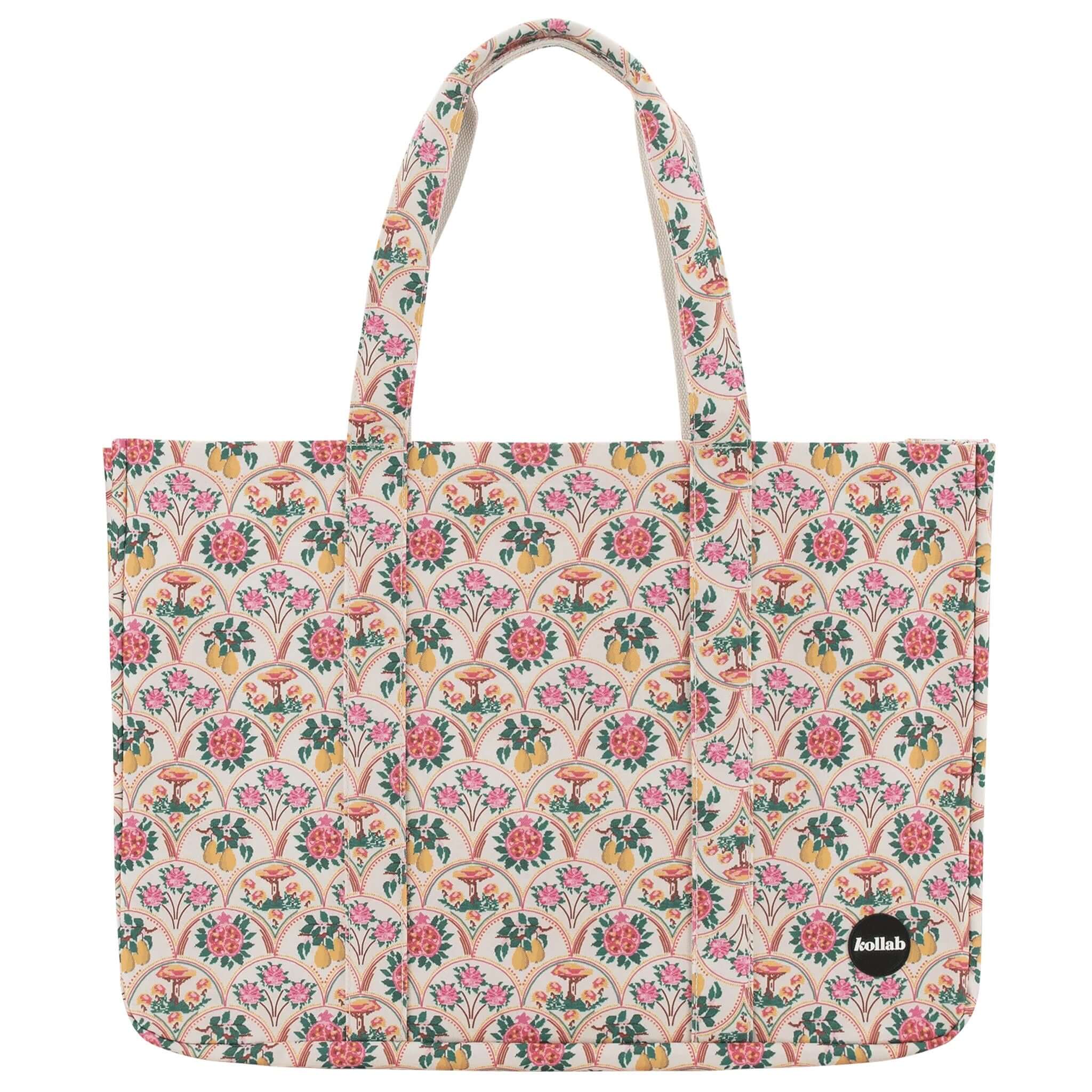 Floral patterned tote bag with a visible brand logo on a white background