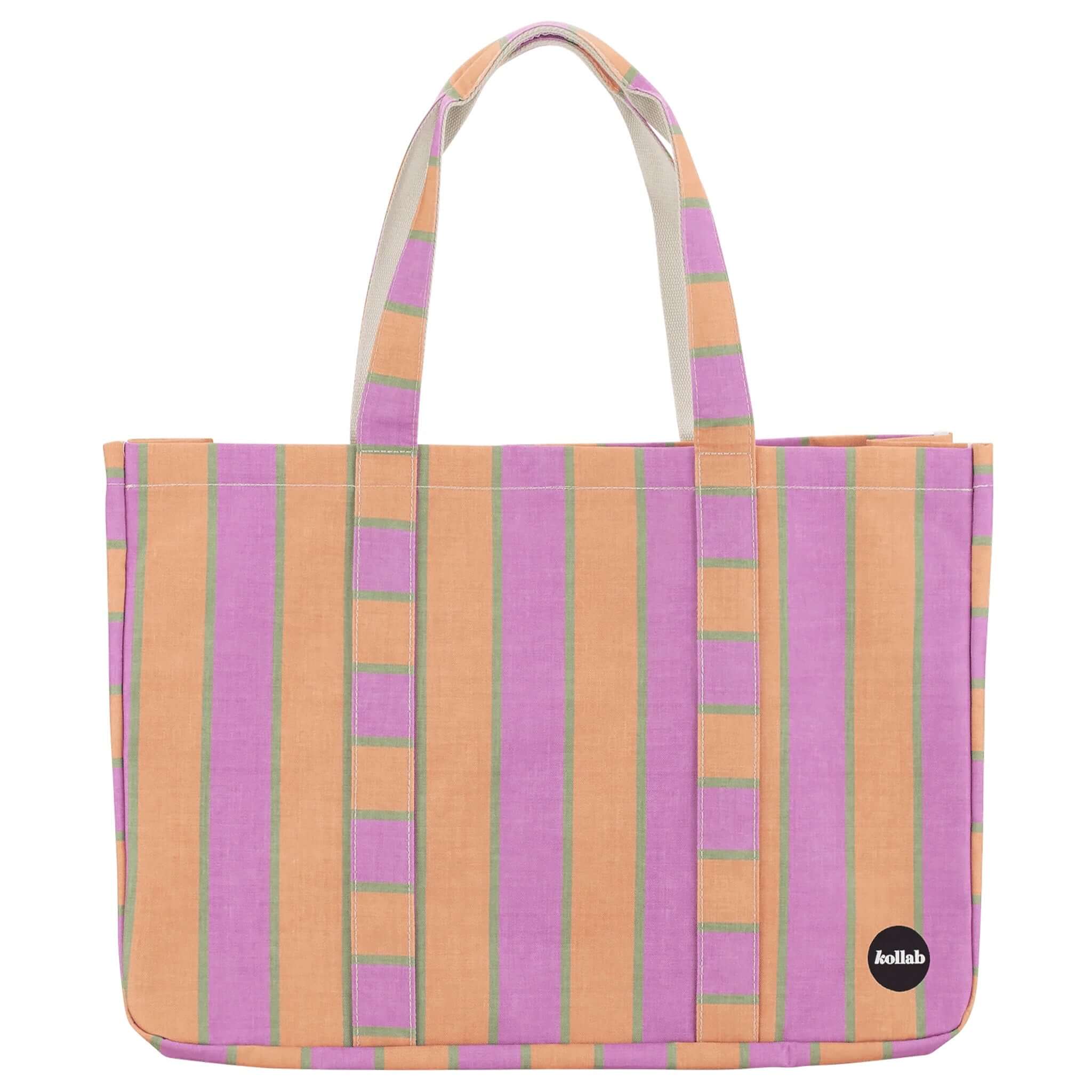 Striped tote bag with purple and orange pattern on a white background