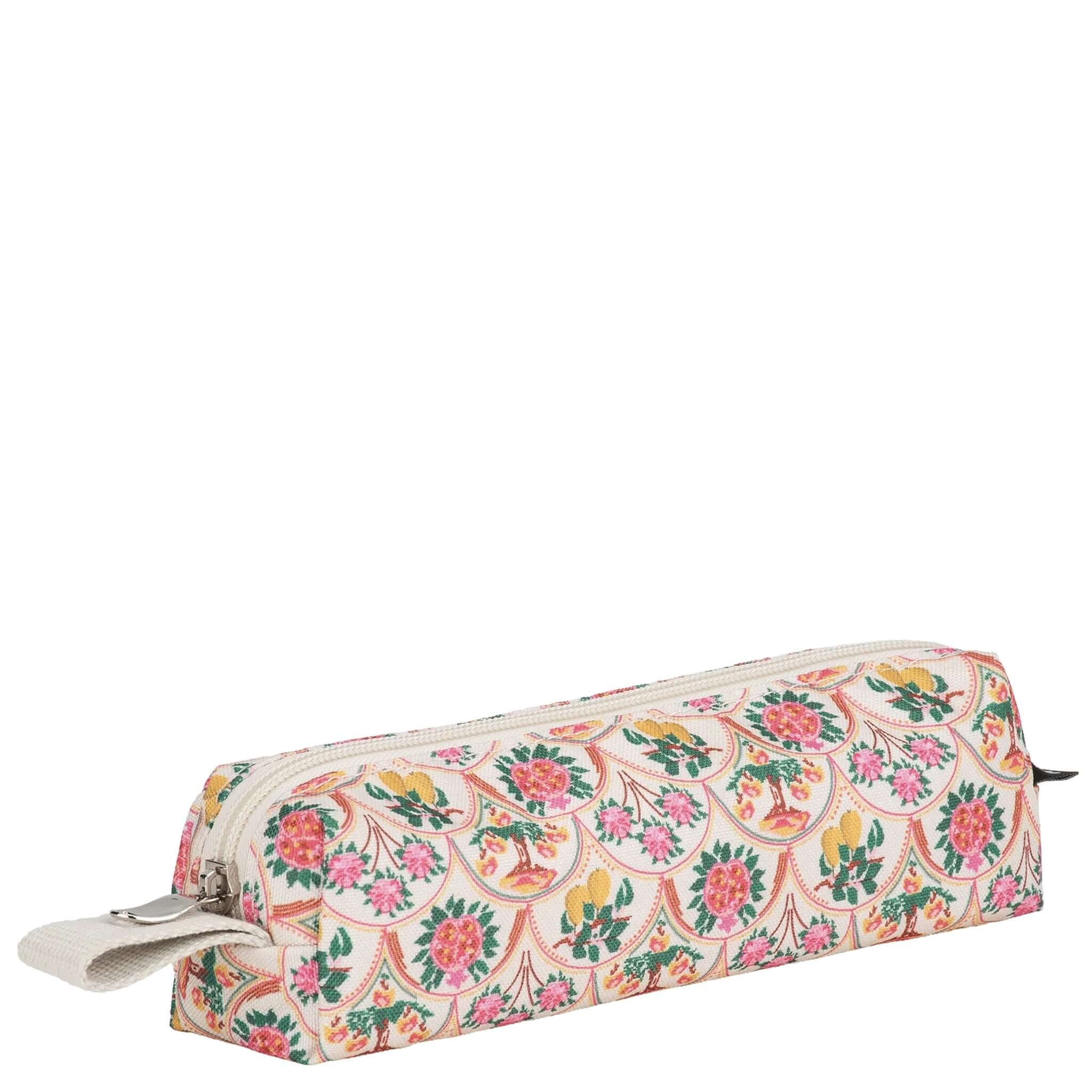 Floral patterned pencil case on a white background