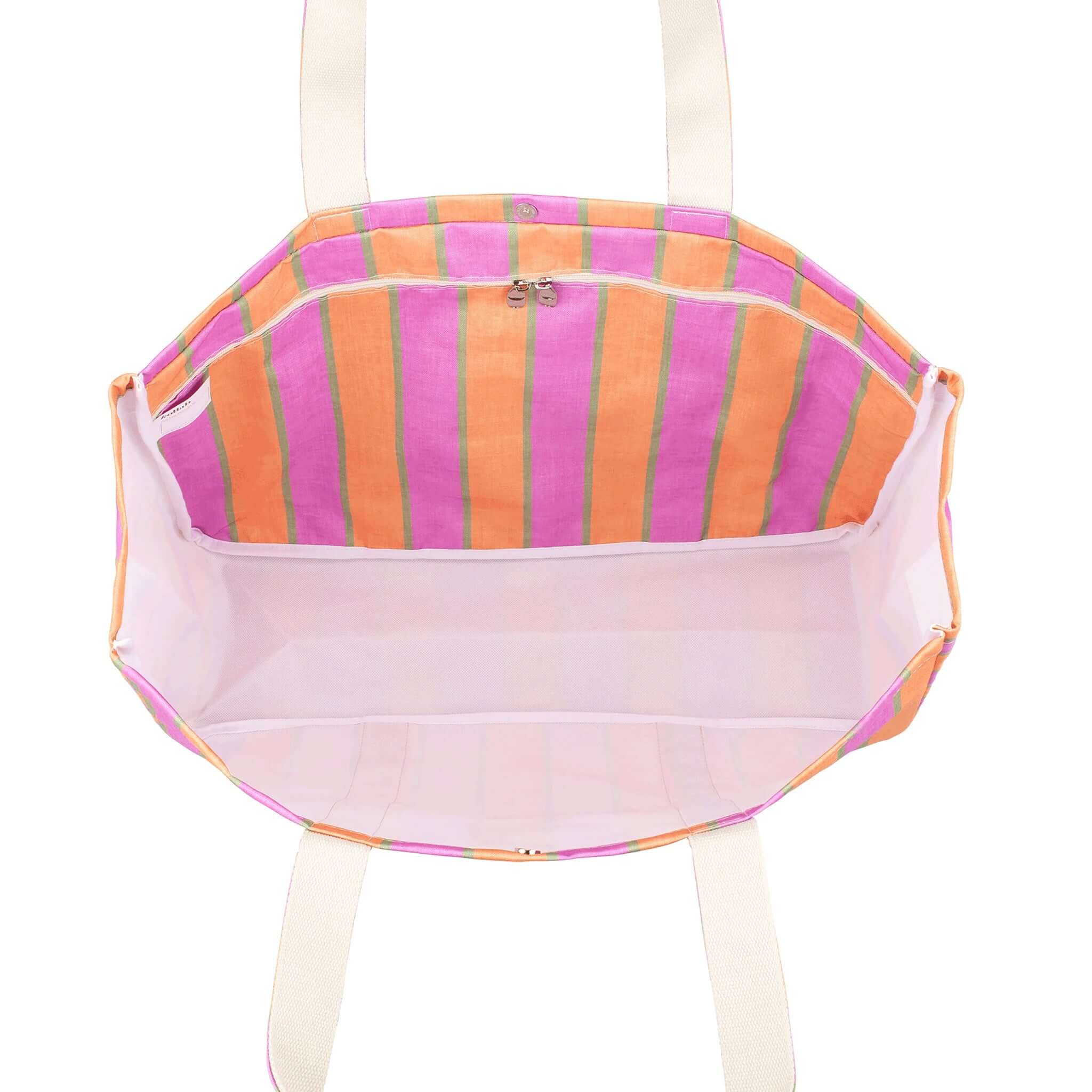 Striped tote bag with a pink and orange pattern on a white background