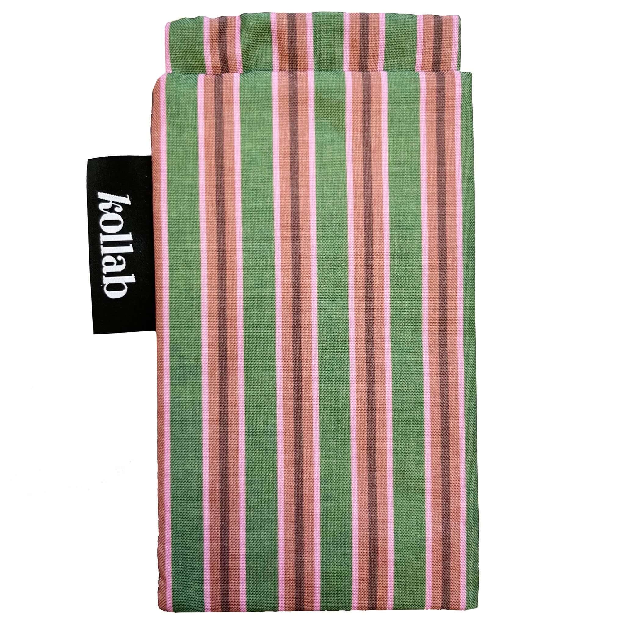 Striped glasses case with 'Kollab' branding on a white background