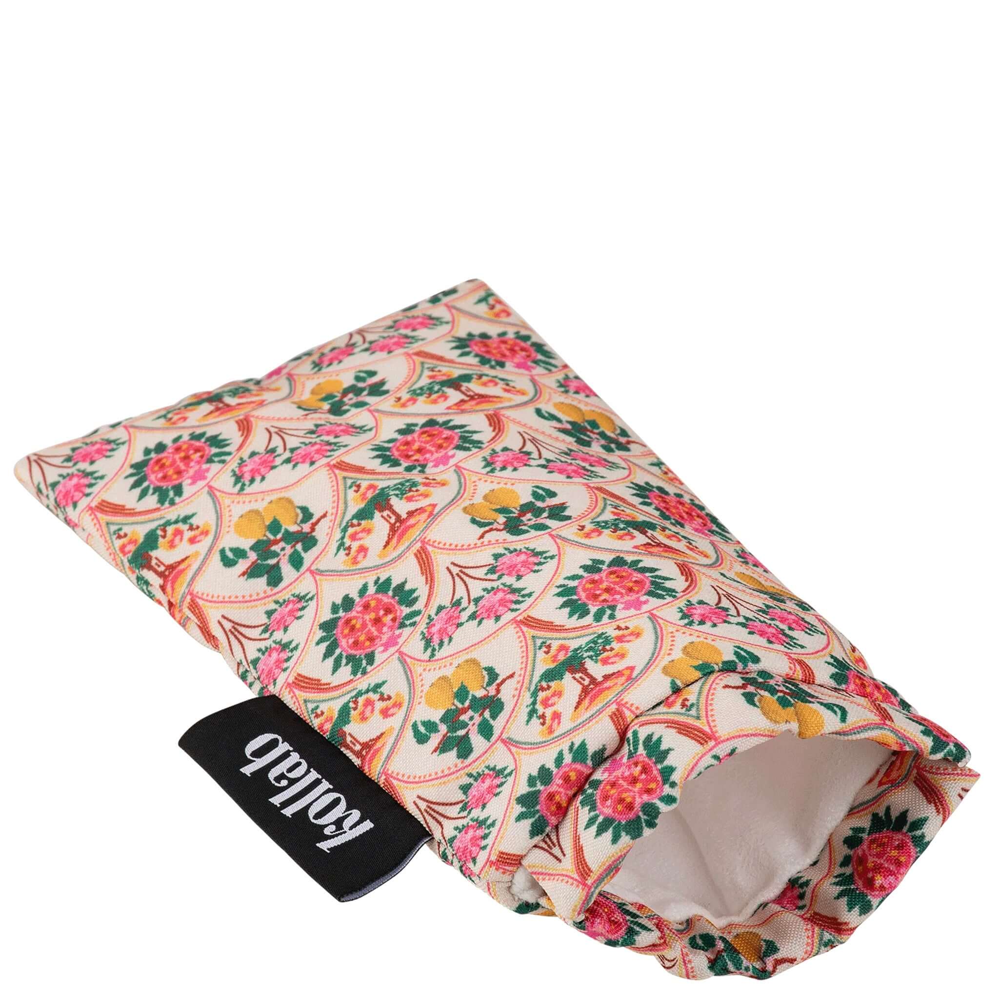 Patterned glasses case with 'Kollab' branding on a white background