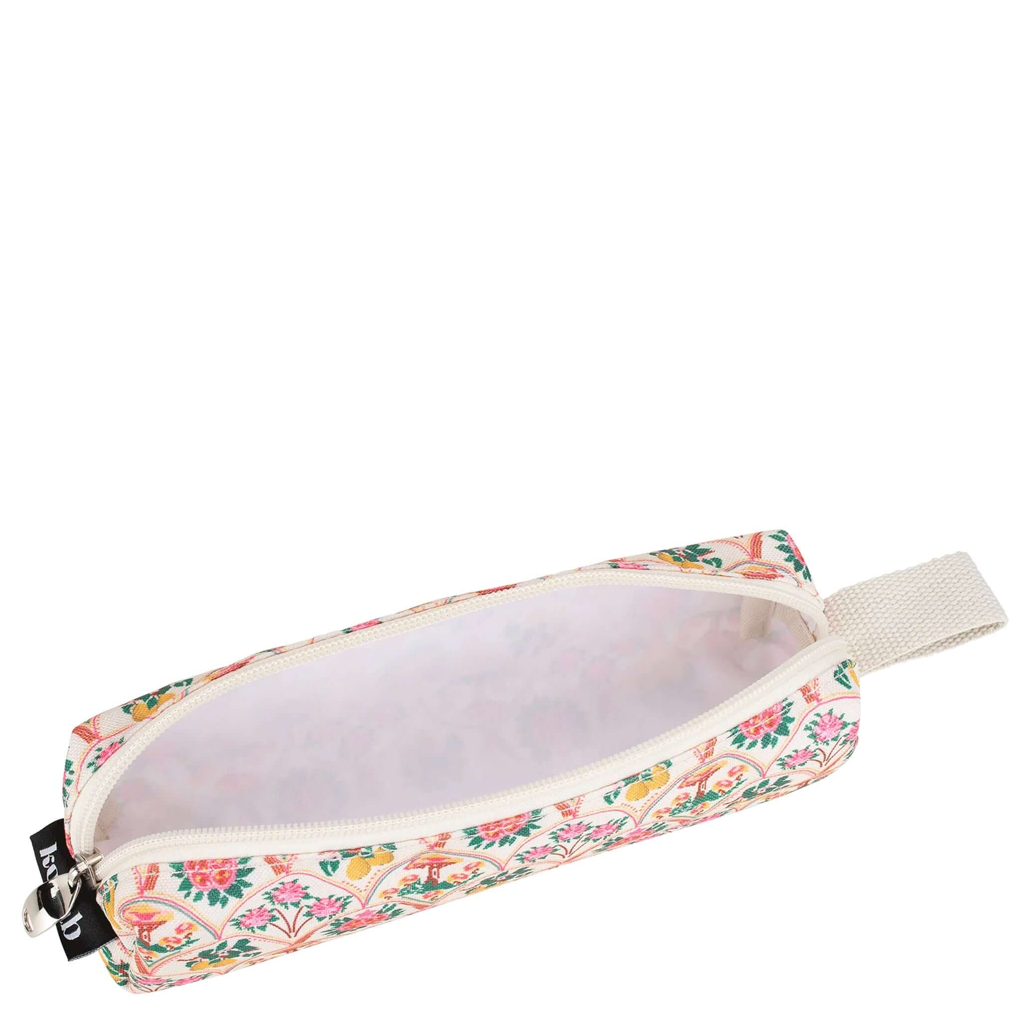 Floral-patterned pencil case with a zipper on a white background
