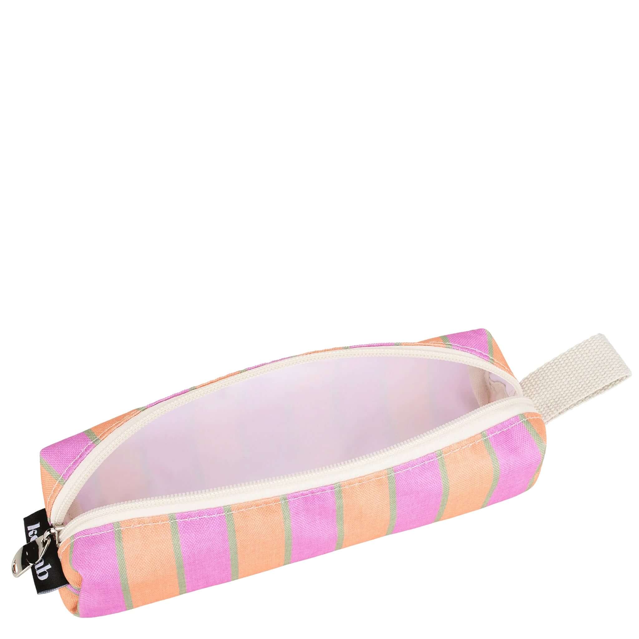 Striped pencil case with a white zipper on a white background