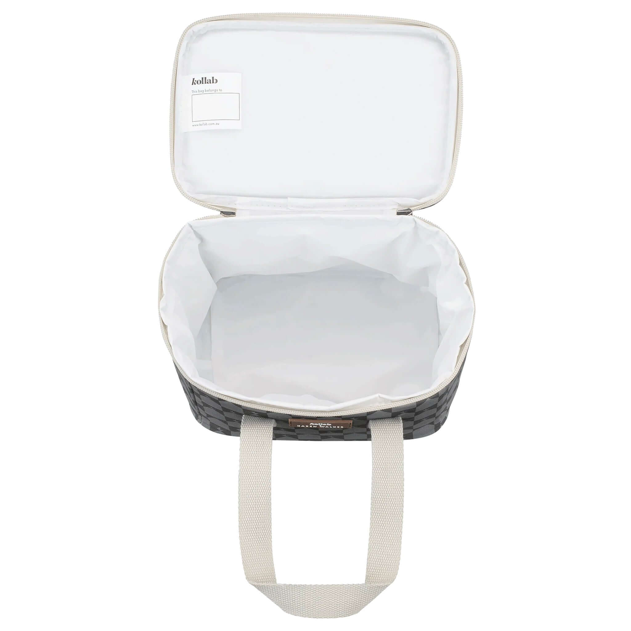 Alt Tag: Kollab x Karen Walker Insulated Lunch Box - Sage Monogram open view with padded insulated PEVA lining and carry handles