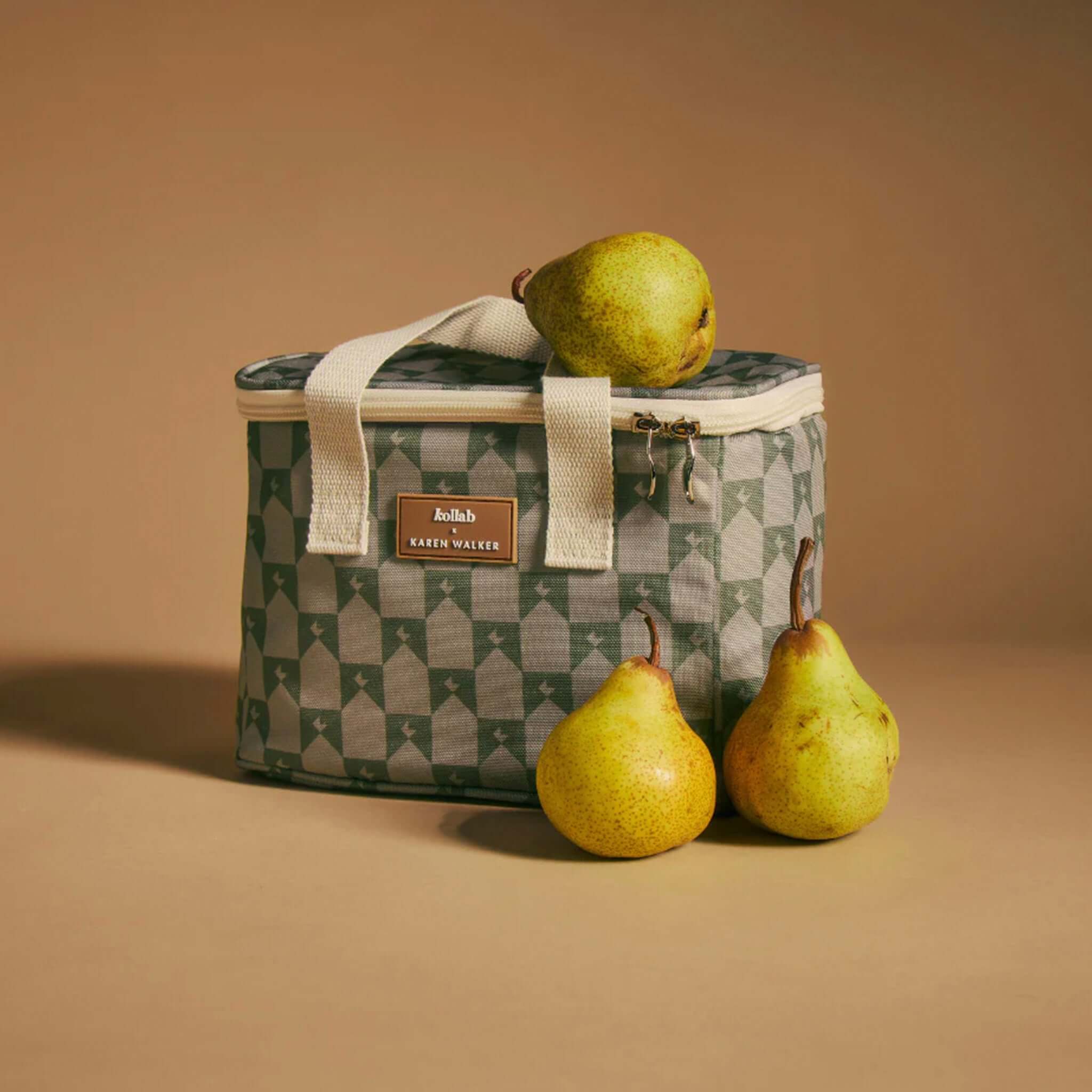 Alt Tag: Kollab x Karen Walker Insulated Lunch Box - Sage Monogram insulated padded lunch box with pears, recycled plastic bottles