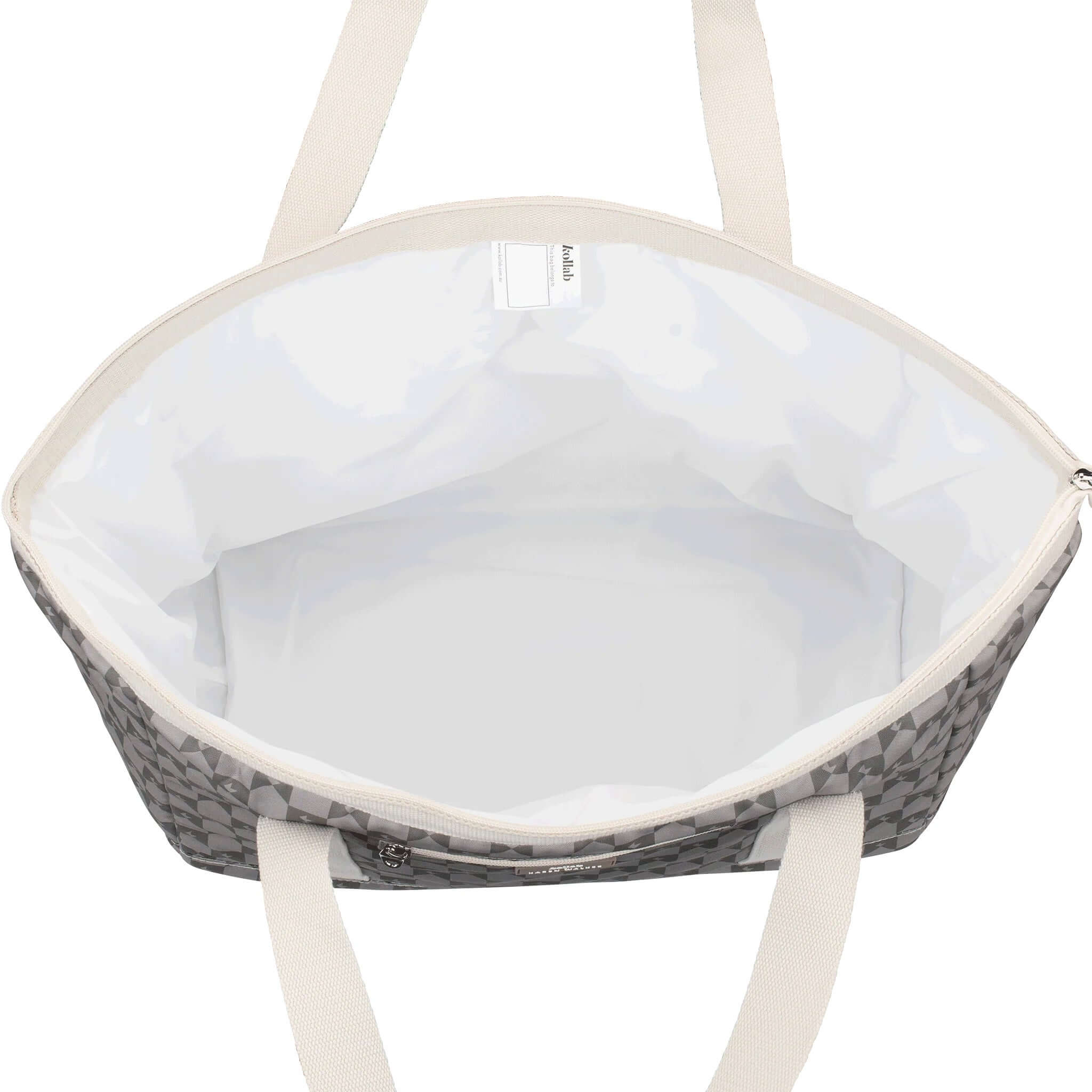 Alt Tag: Kollab x Karen Walker Tote Bag - Sage Monogram open top view showing insulated interior and zip closure