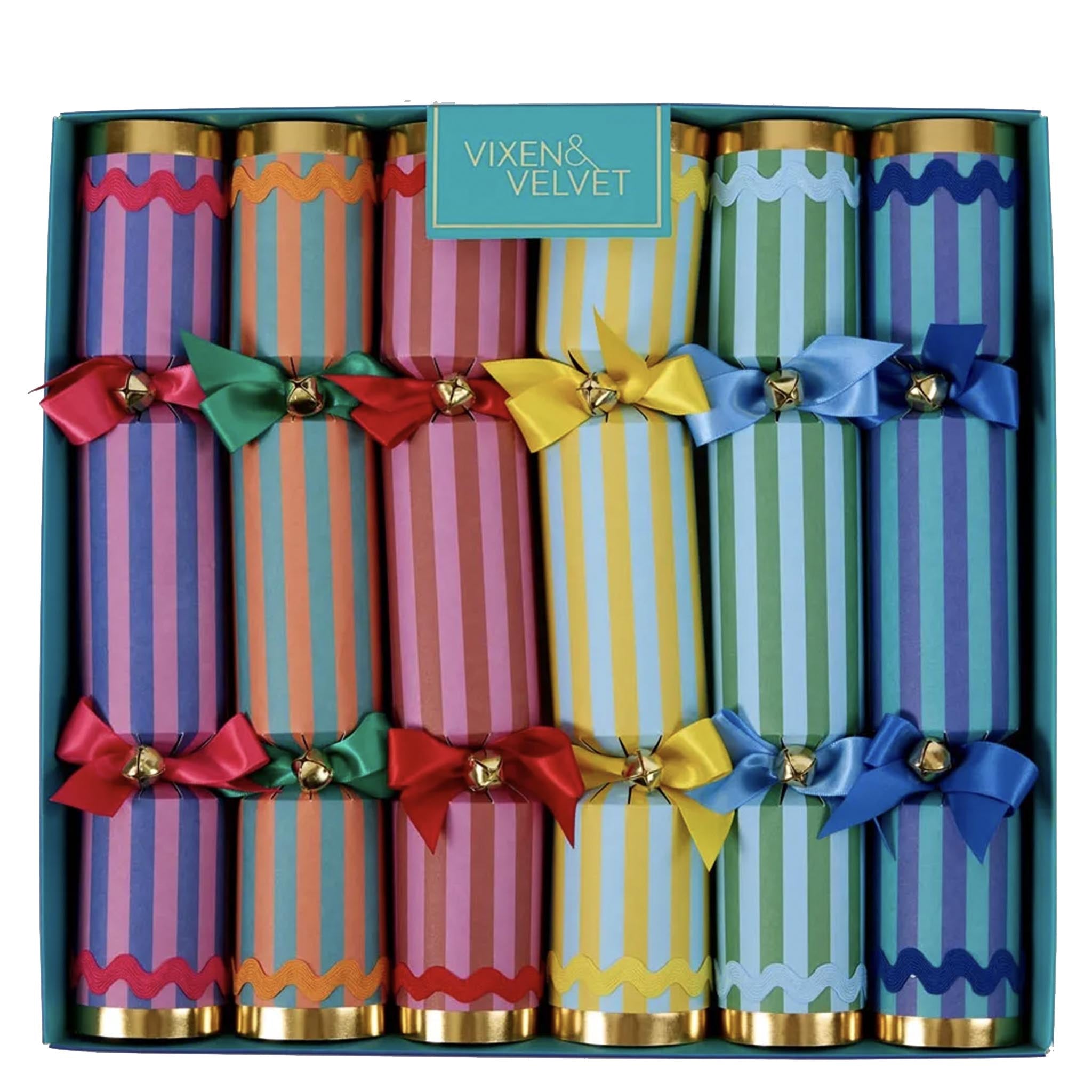 Set of colorful striped crackers with decorative bows in a box labeled 'Vixen's Velvet'.