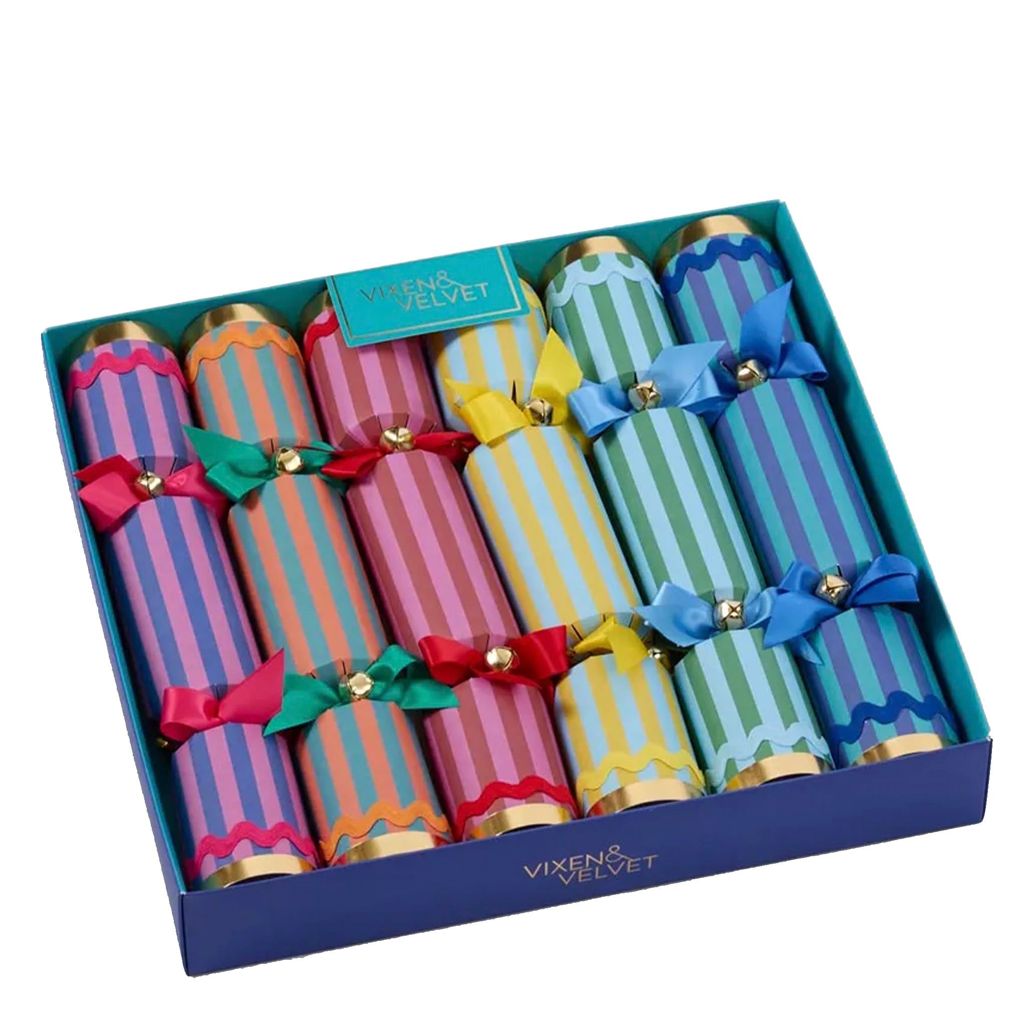 Set of colorful striped crackers with decorative bows in a box, branded 'Vixen & Velvet'.