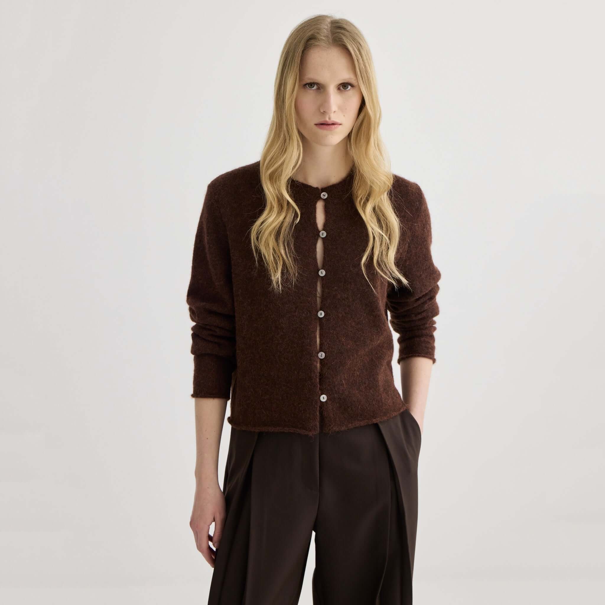 Alt Tag: Laing Alpaca / Merino Cropped Cardigan - Mahogany Marle on model, soft alpaca-merino knit, cropped silhouette, button front