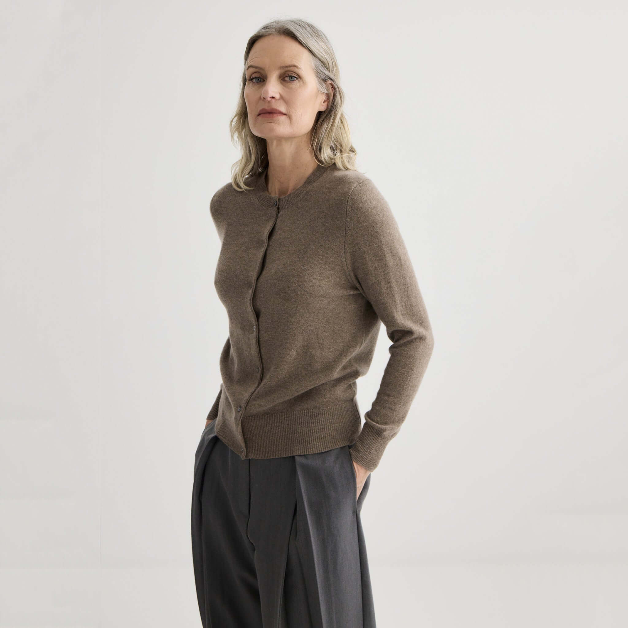 Laing Cashmere Crewneck Cardigan - Cocoa Marle womens lightweight Mongolian cashmere crewneck cardigan with shell buttons