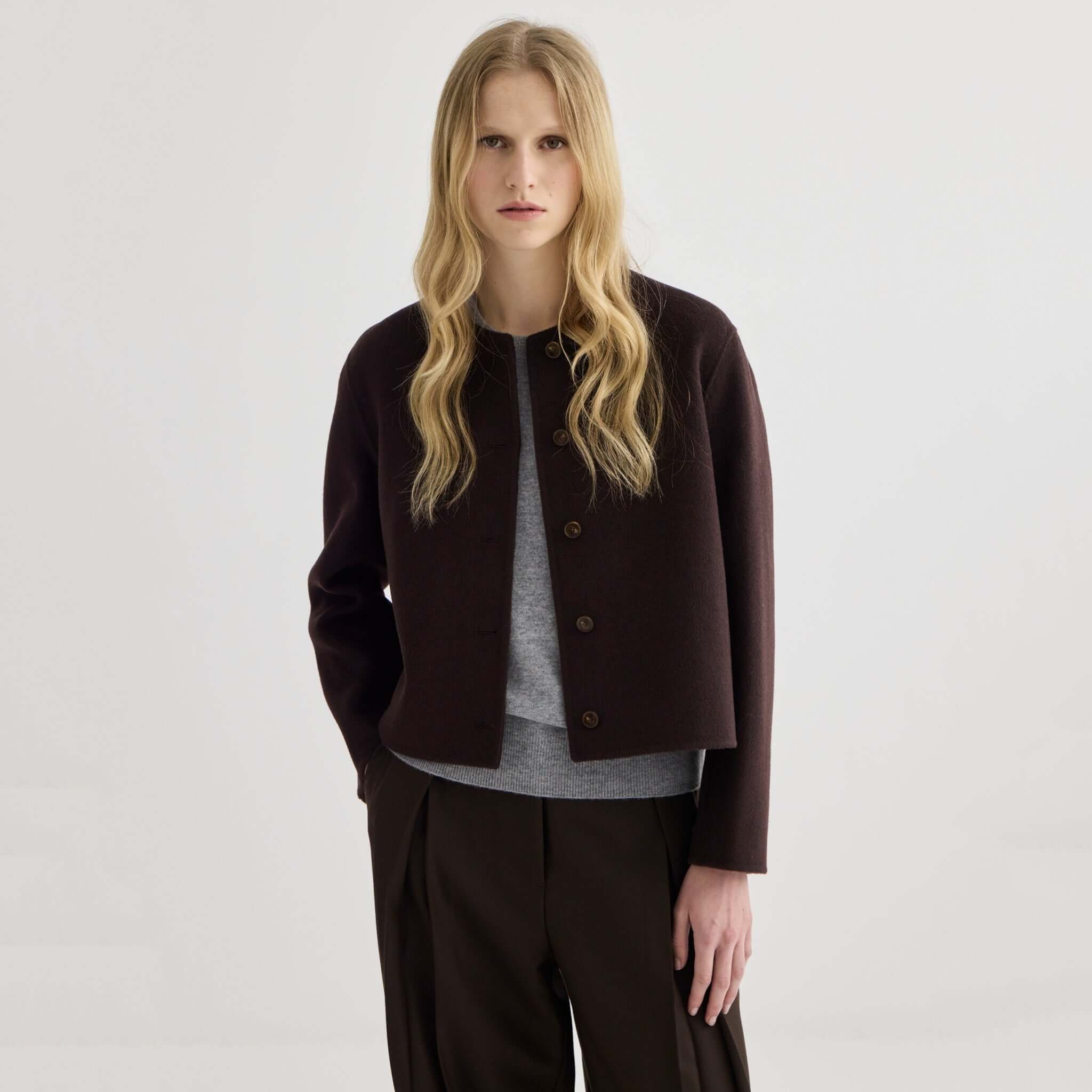 Alt Tag: Laing Cashmere & Wool Cardi Jacket - Coffee cropped collarless cashmere-wool jacket, bonded knit, model front view