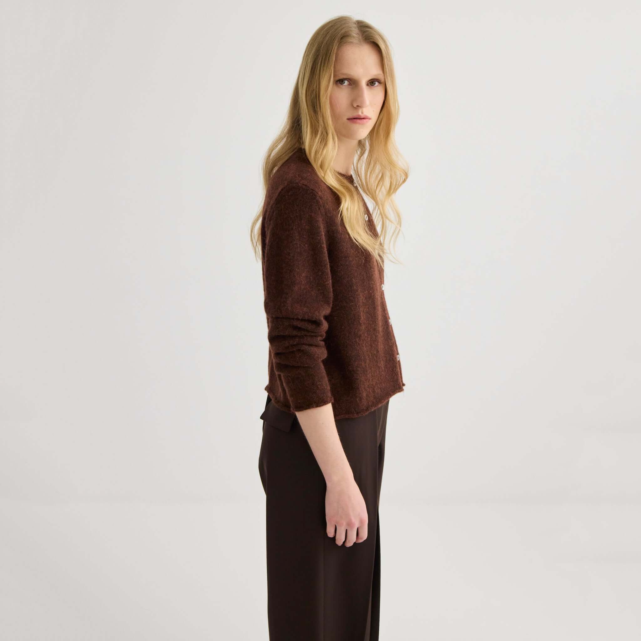 Laing Alpaca / Merino Cropped Cardigan - Mahogany Marle on model, soft alpaca merino knit with cropped fit and rolled hems