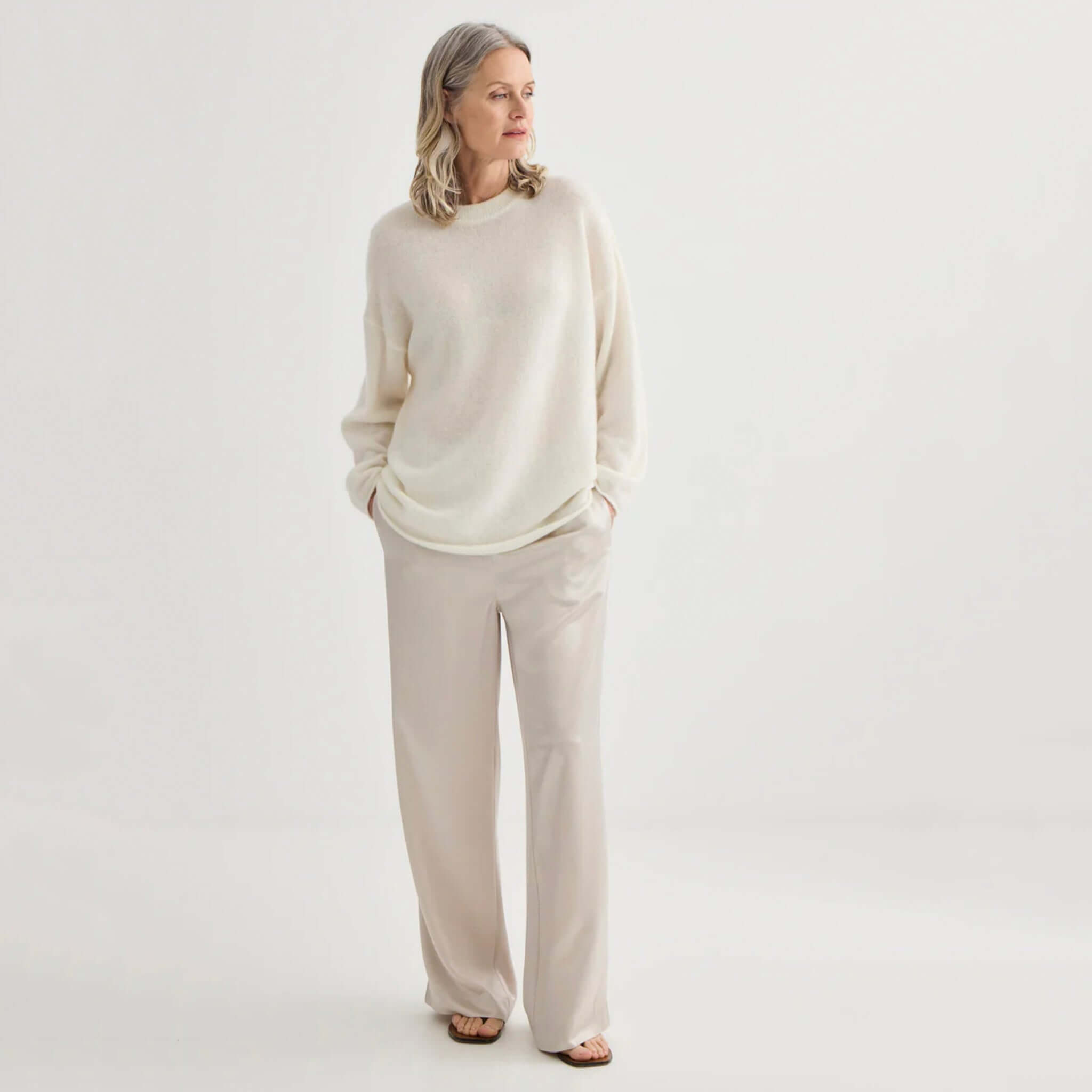 Alt Tag: Laing Alpaca Sweater with Tie - Ivory lightweight alpaca blend knit sweater in ivory, relaxed elegant drape, soft timeless luxury look