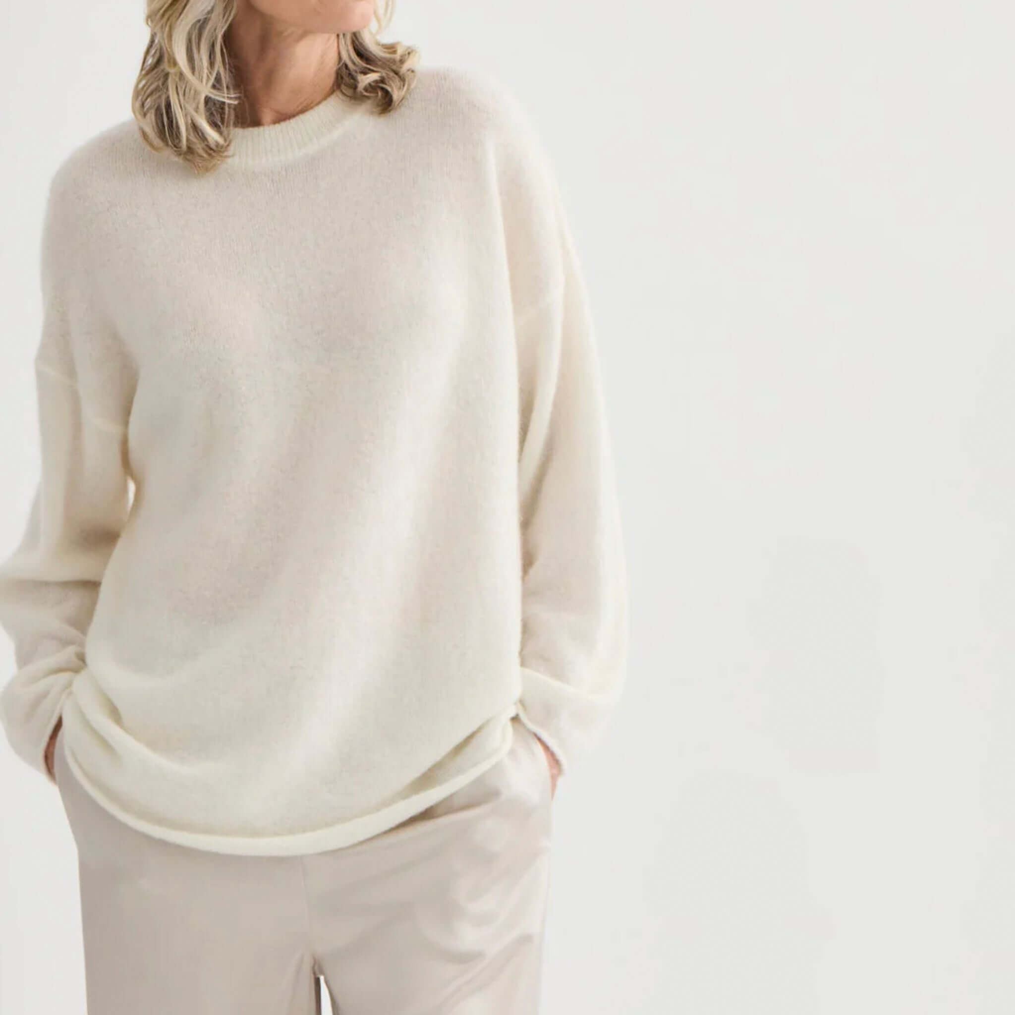Alt Tag: Laing Alpaca Sweater with Tie - Ivory soft lightweight alpaca blend knit sweater in ivory, relaxed elegant drape