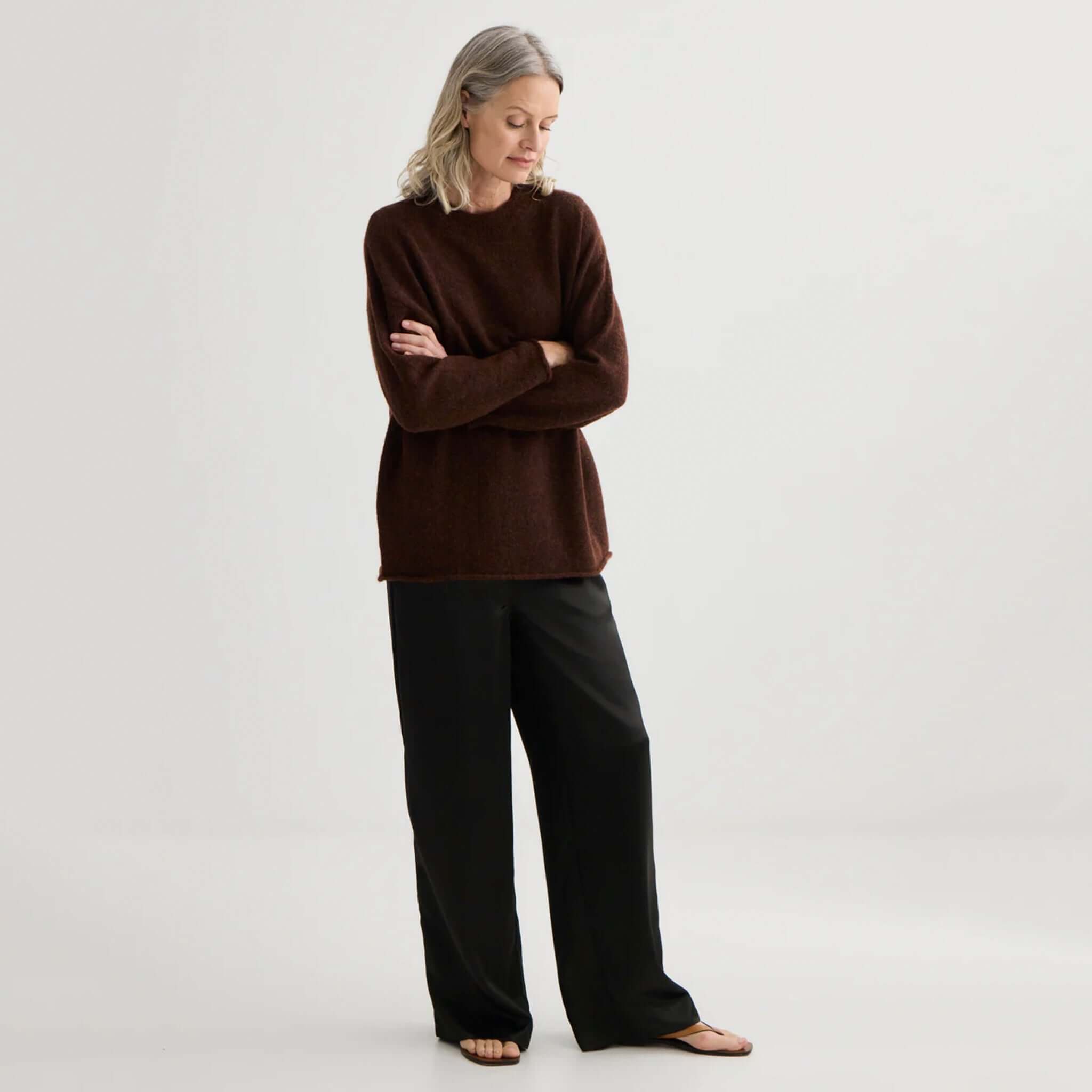 Alt Tag: Laing Alpaca Sweater with Tie - Mahogany Marle on model, relaxed alpaca blend knit sweater in rich mahogany marle