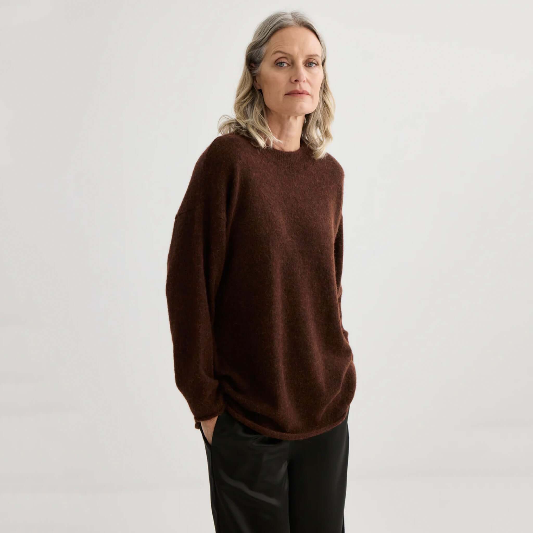 Alt Tag: Laing Alpaca Sweater with Tie - Mahogany Marle on model, relaxed soft alpaca-blend knit in rich mahogany marle