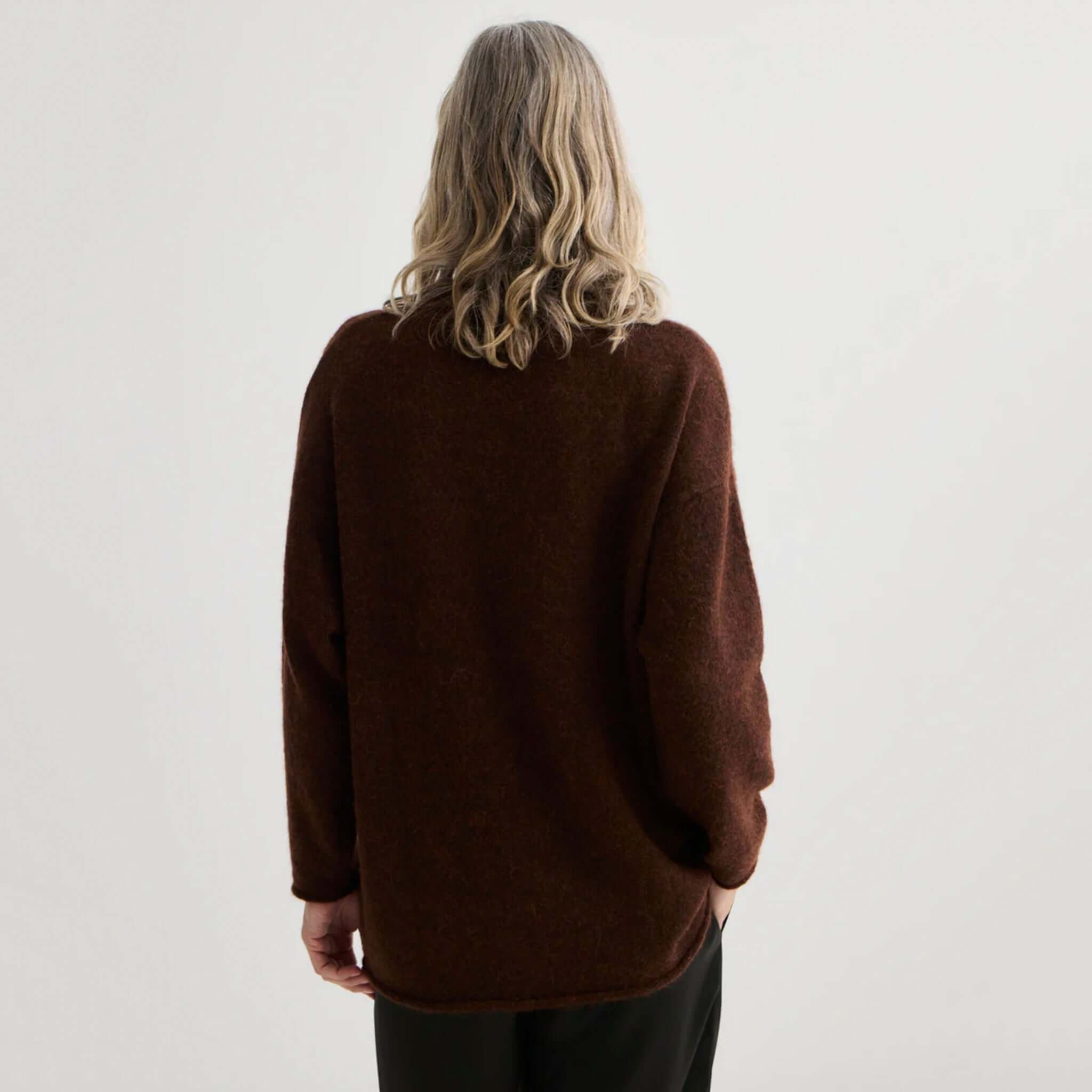Alt Tag: Laing Alpaca Sweater with Tie - Mahogany Marle back view, relaxed alpaca blend knit in rich mahogany marle