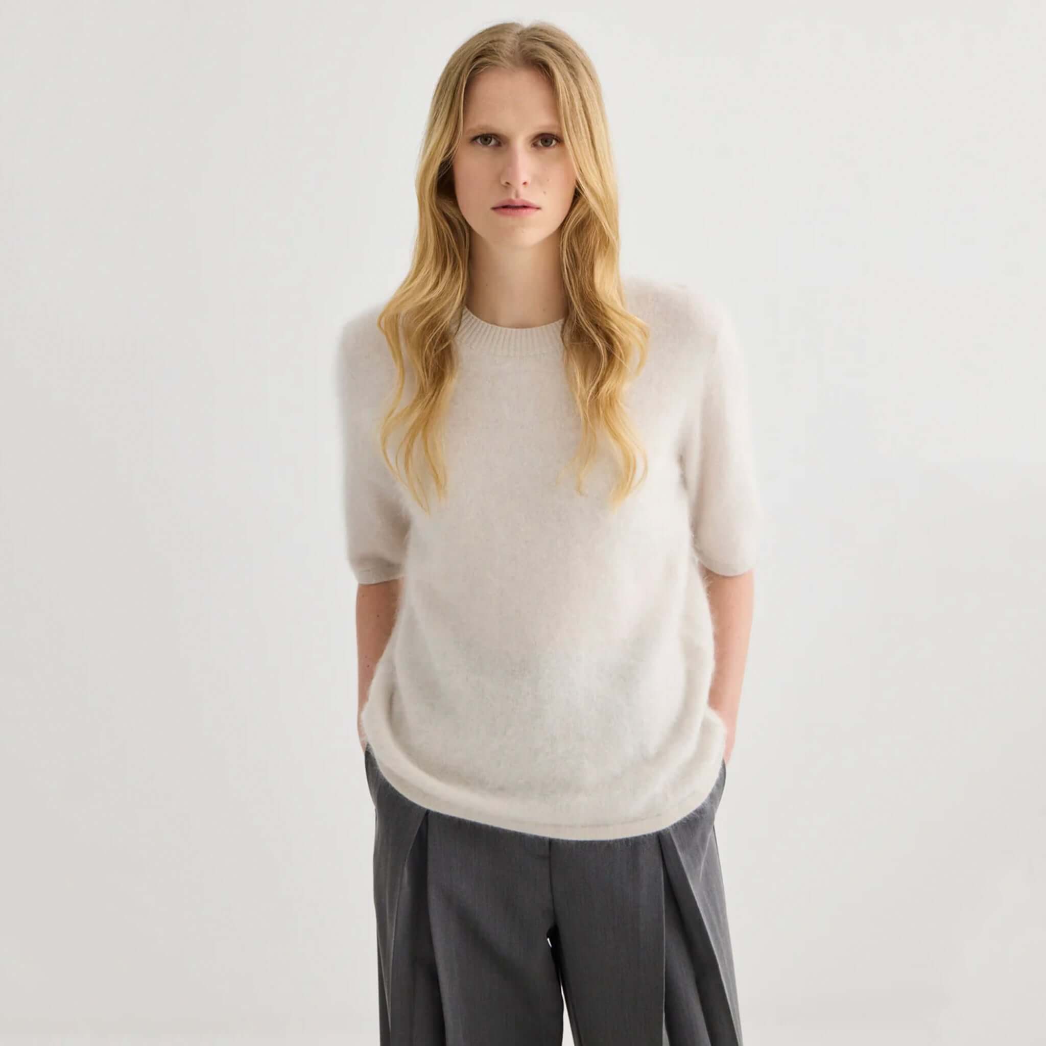 Alt Tag: Laing Brushed Cashmere T Shirt - Oyster on model, relaxed fit brushed Grade A cashmere tee in soft oyster hue