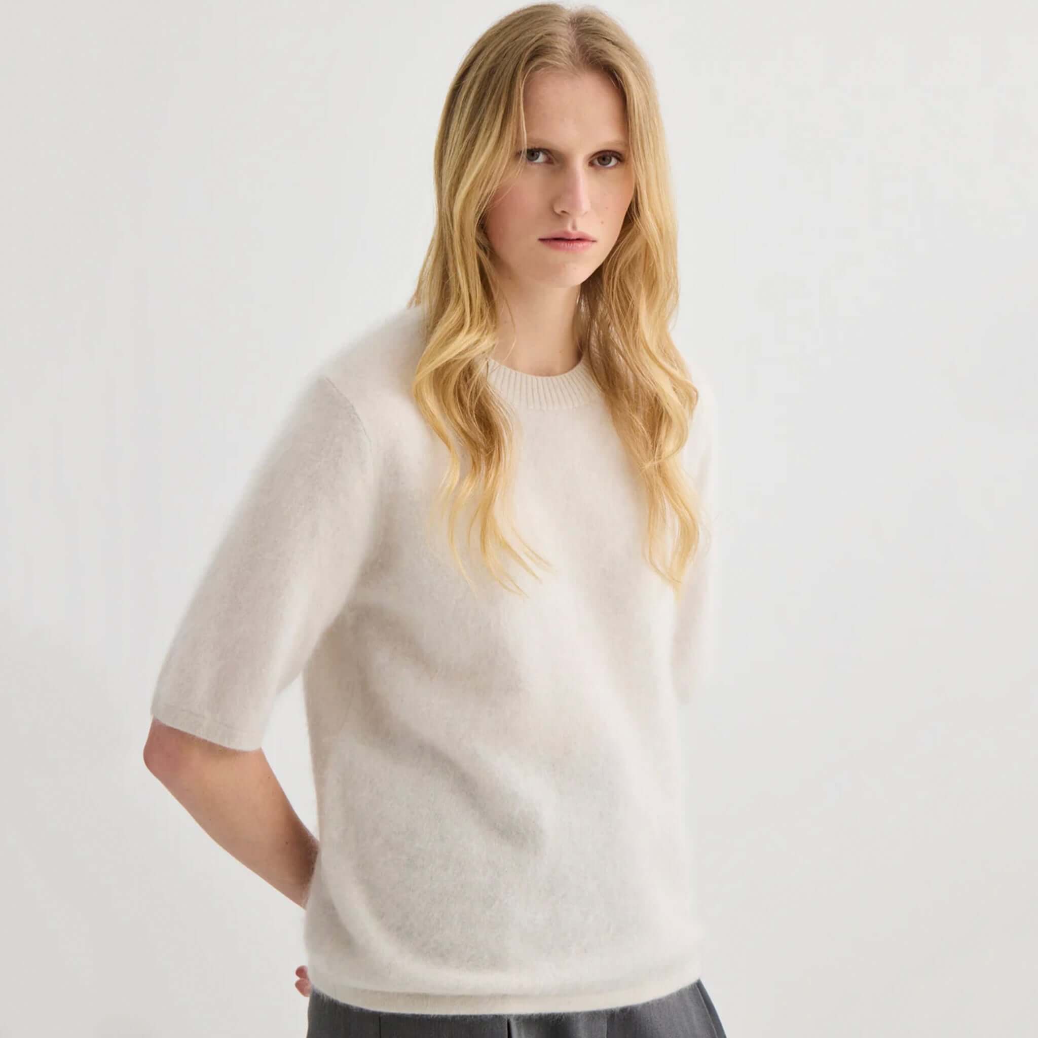 Alt Tag: Laing Brushed Cashmere T Shirt - Oyster brushed 100% cashmere tee in soft oyster hue, relaxed fit, cloud-soft luxury staple