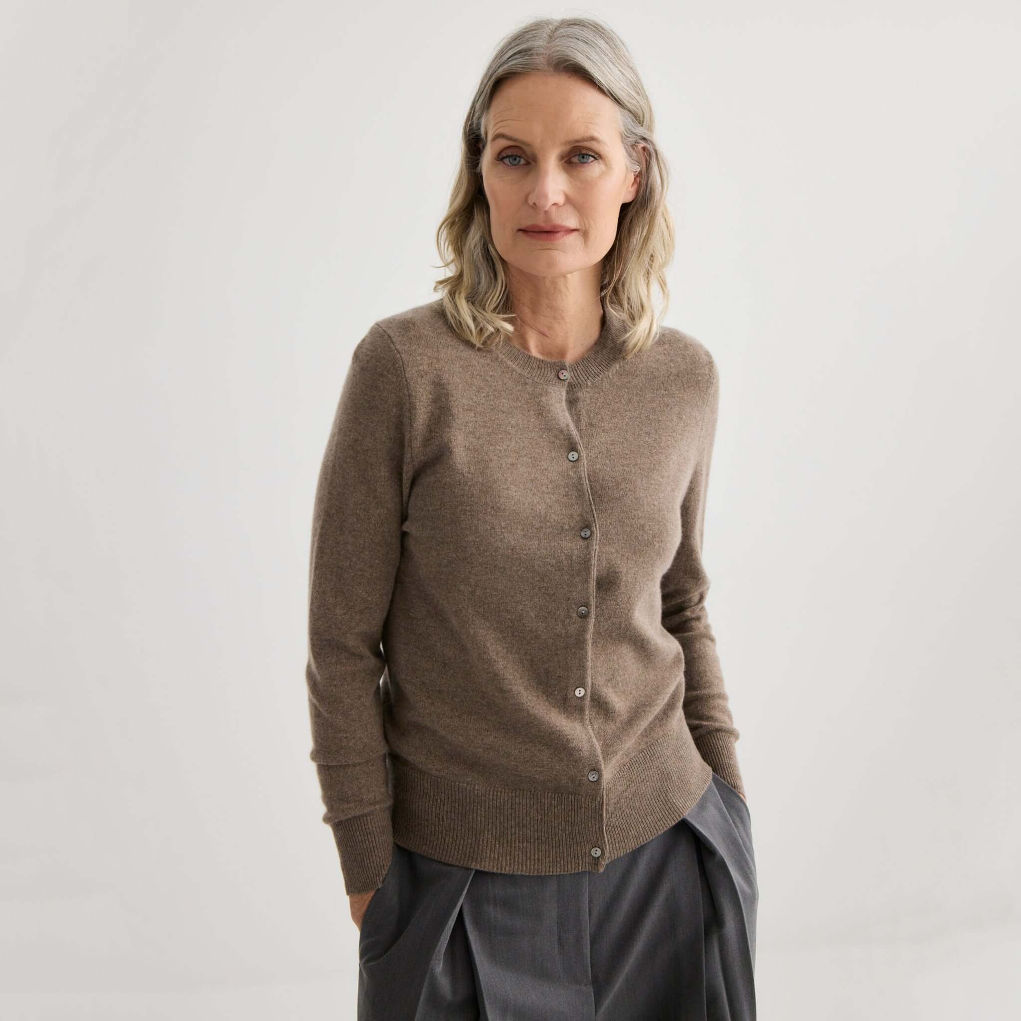 Alt Tag: Laing Cashmere Crewneck Cardigan - Cocoa Marle women’s A-grade Mongolian cashmere crewneck cardigan with shell buttons, front view