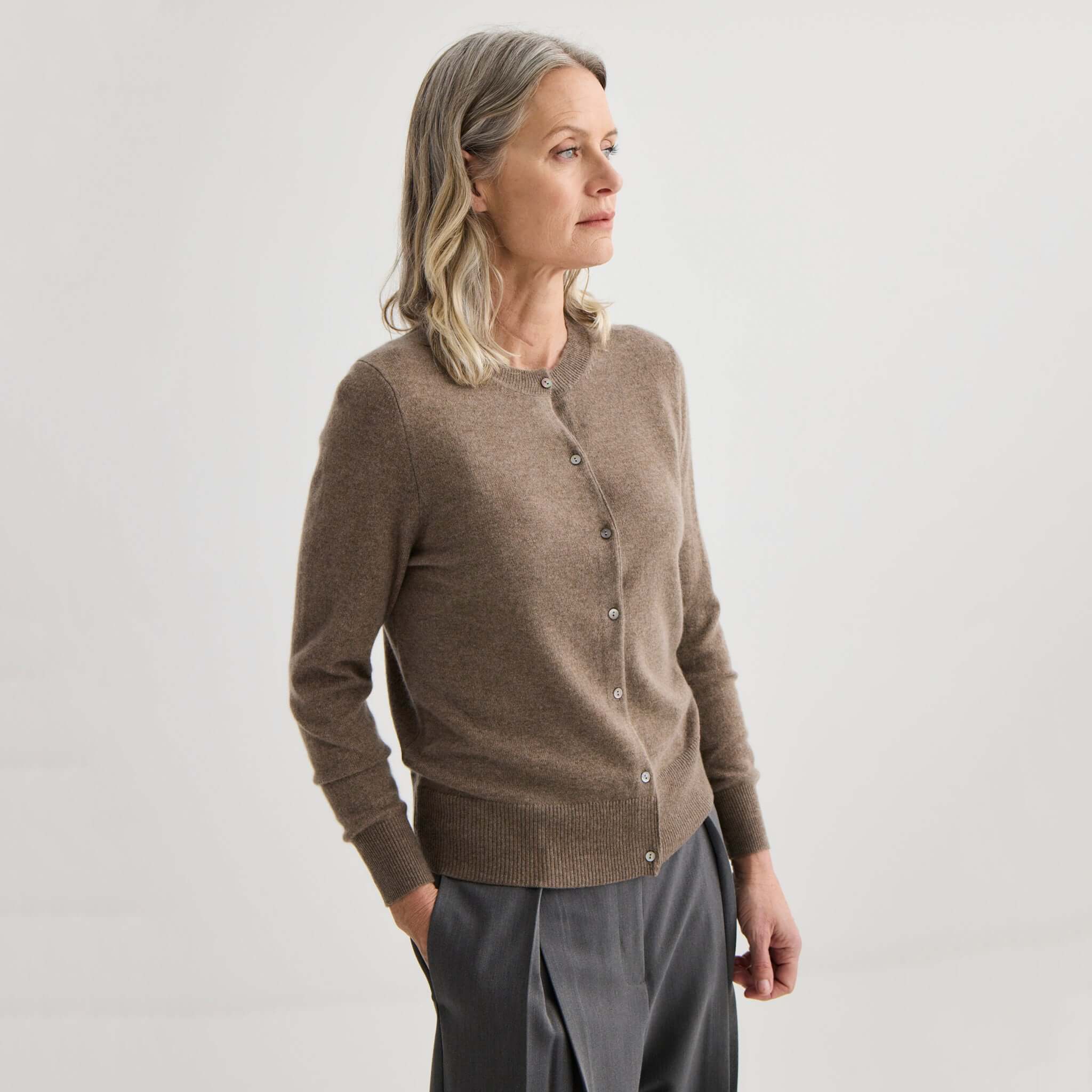 Alt Tag: Laing Cashmere Crewneck Cardigan - Cocoa Marle women’s cashmere crewneck cardigan with shell buttons, lightweight warm layer
