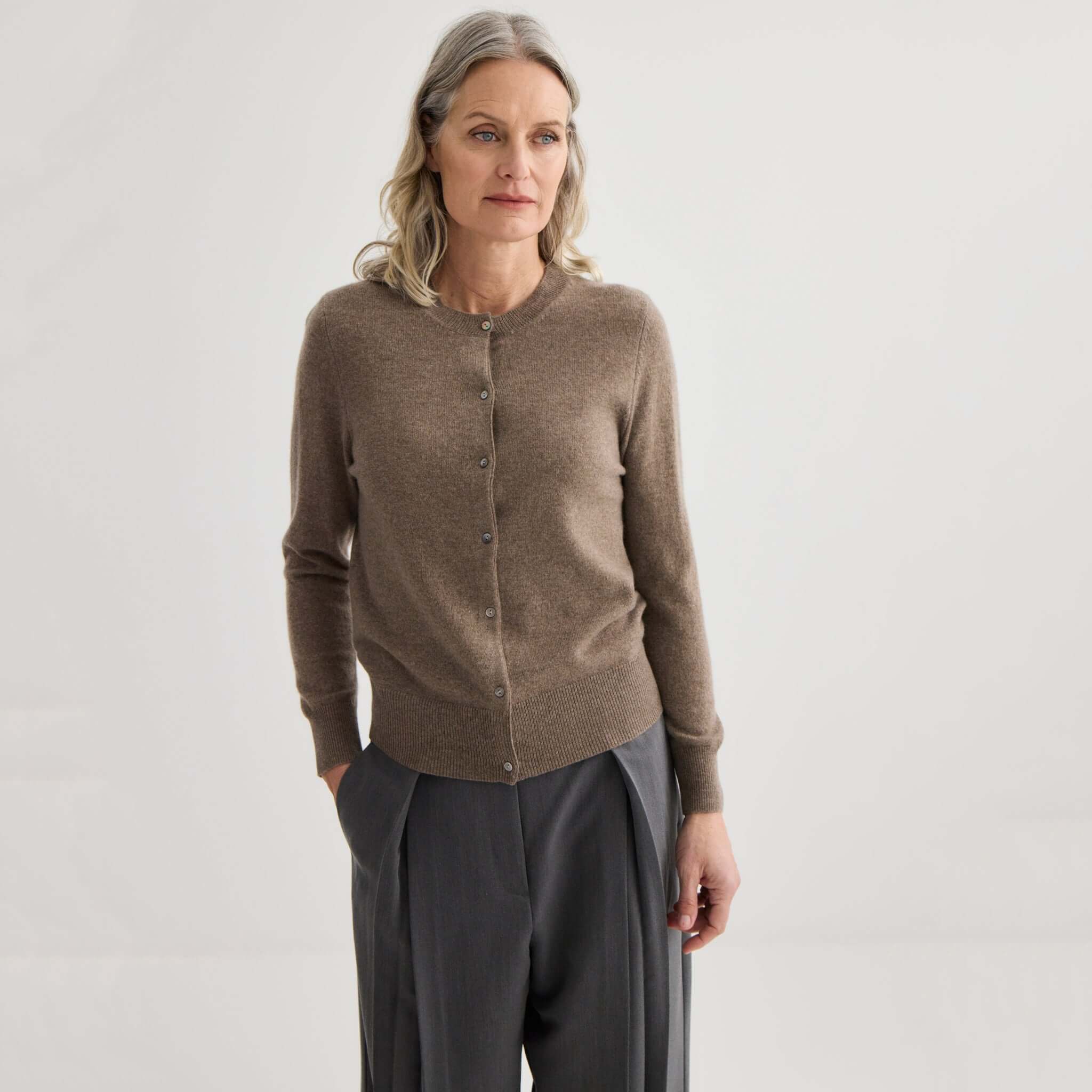 Alt Tag: Laing Cashmere Crewneck Cardigan - Cocoa Marle women’s 12-gauge Mongolian cashmere crewneck cardigan with shell buttons