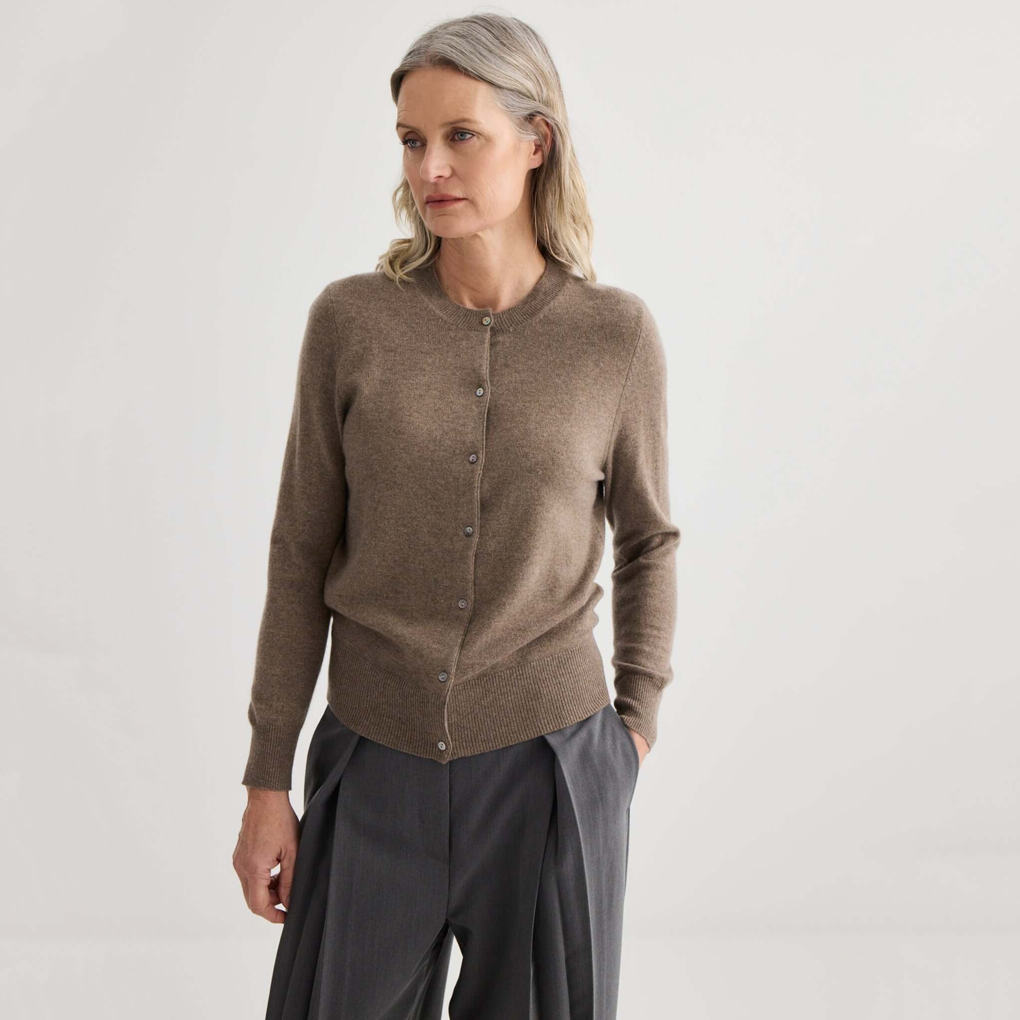 Alt Tag: Laing Cashmere Crewneck Cardigan - Cocoa Marle women’s A-grade Mongolian cashmere crewneck cardigan with shell buttons, front view