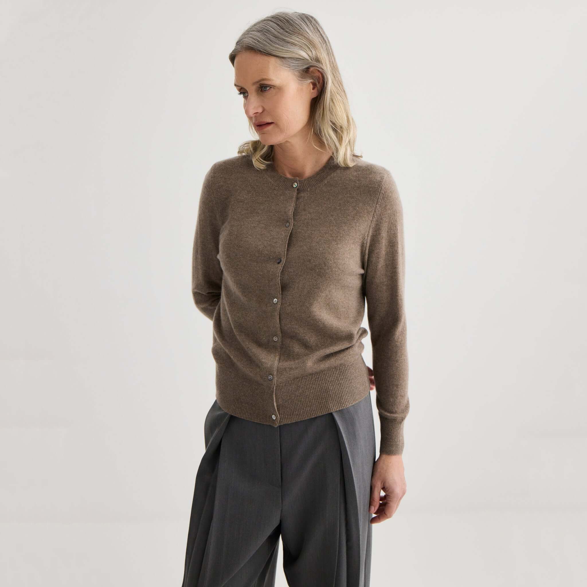 Laing Cashmere Crewneck Cardigan - Cocoa Marle women’s A-grade Mongolian cashmere crewneck cardigan with shell buttons