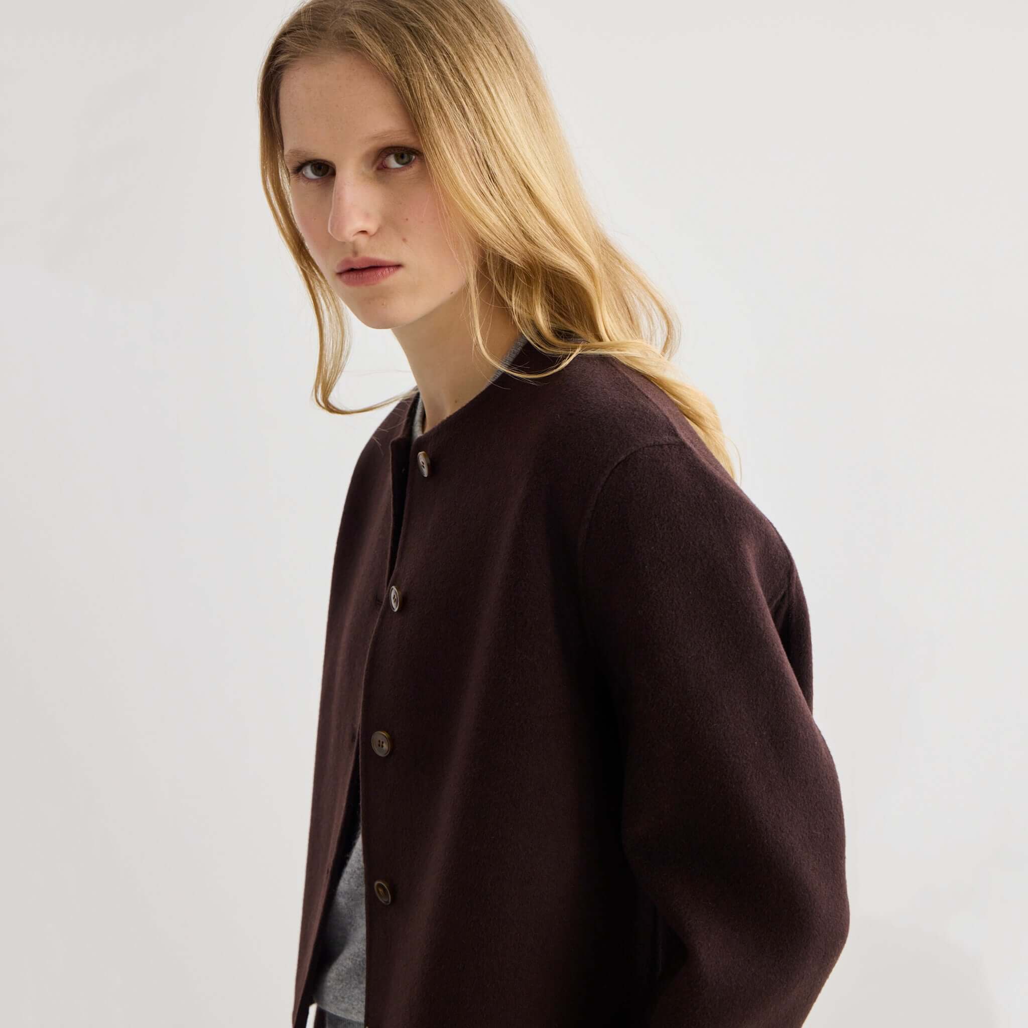 Alt Tag: Laing Cashmere & Wool Cardi Jacket - Coffee cropped collarless bonded cashmere-wool jacket, button-front trans-seasonal layer