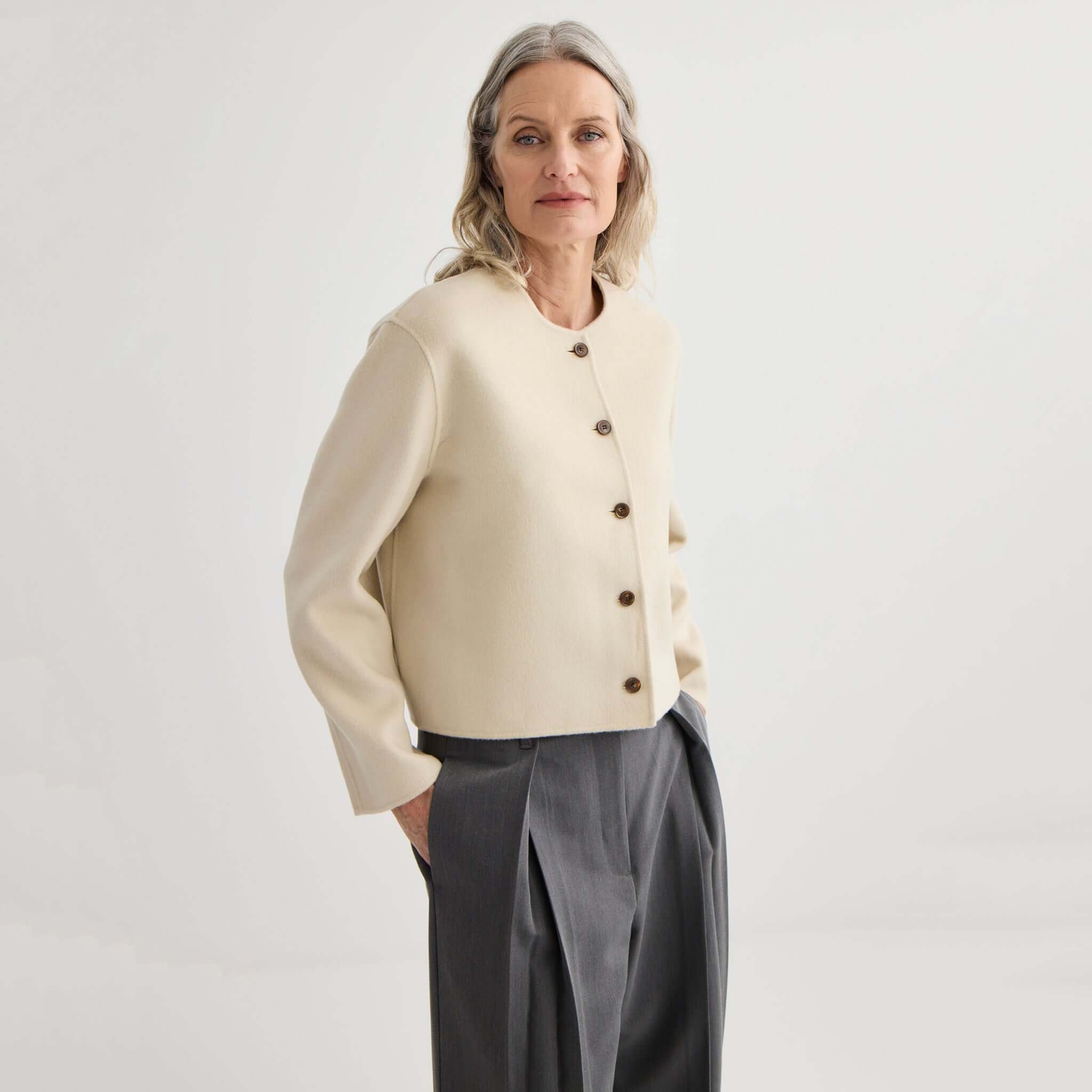 Alt Tag: Laing Cashmere & Wool Cardi Jacket - Ivory cropped collarless cardi jacket in bonded cashmere-wool blend, front button detail