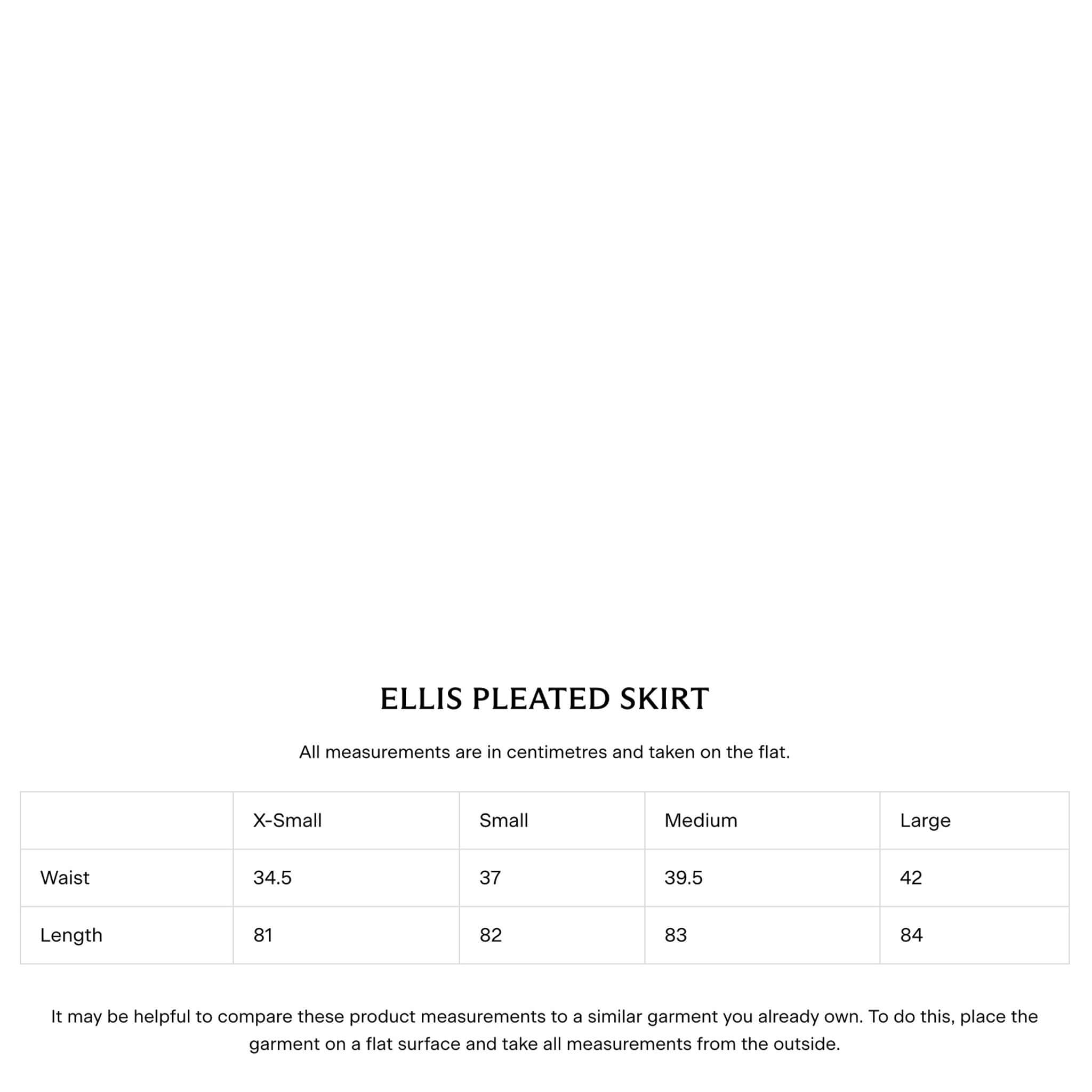Size chart for Laing Ellis Pleated Skirt - Black showing measurements in centimeters for different sizes.