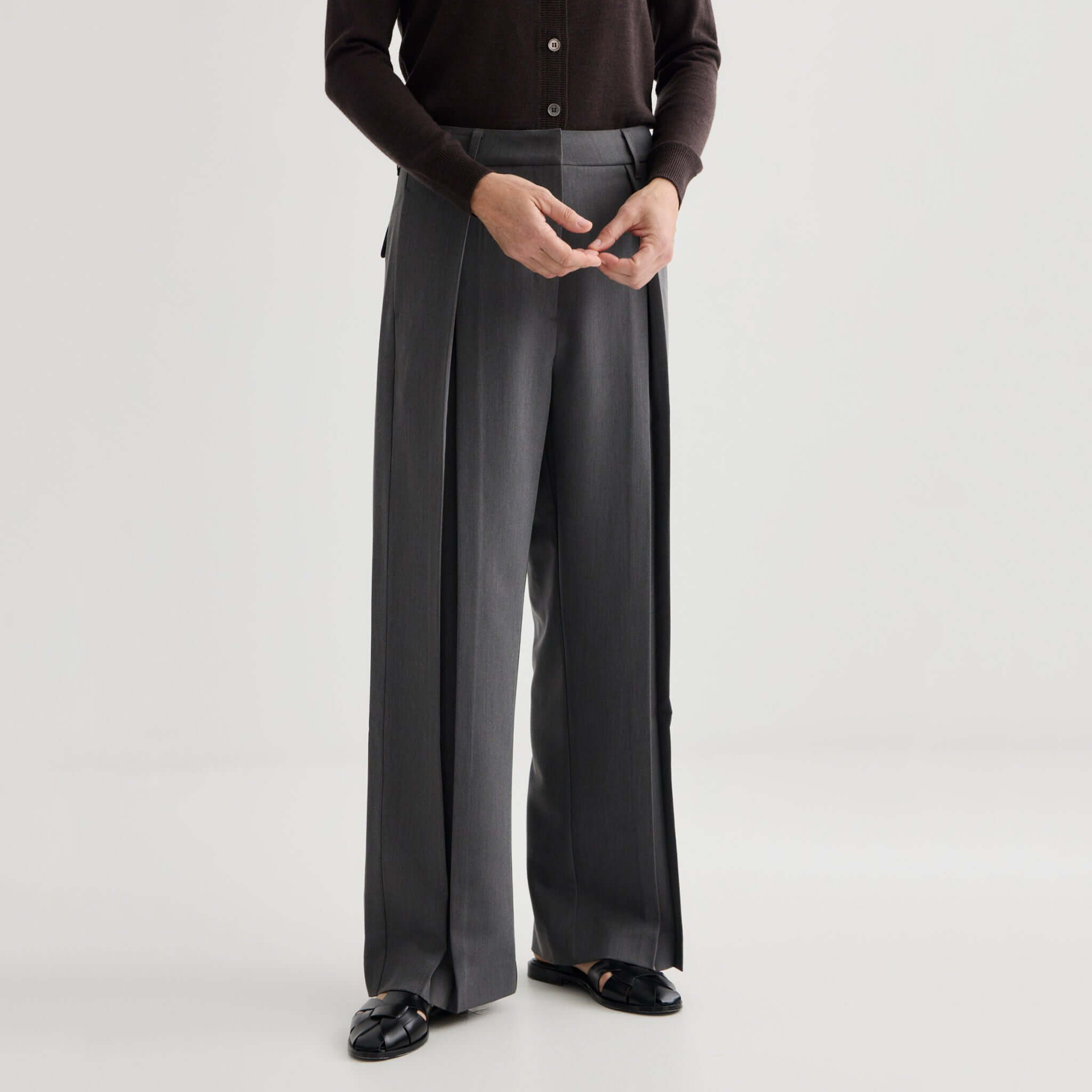 Alt Tag: Laing Invert Pleat Pants - Pewter wide-leg women’s trousers with inverted pleats, fluid drape, polished office-ready fit