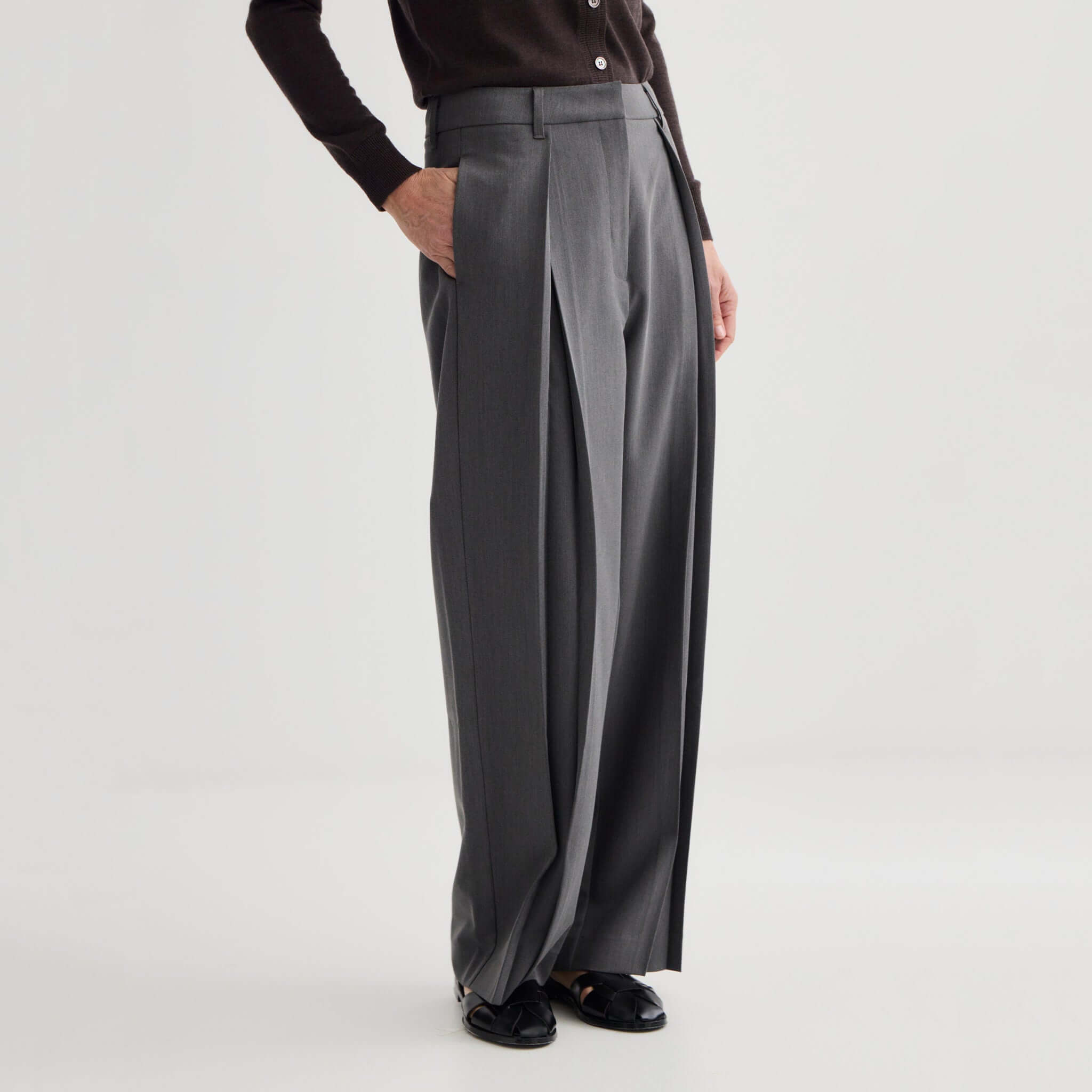 Alt Tag: Laing Invert Pleat Pants - Pewter women’s wide-leg trousers with inverted pleat front, high-rise waist and fluid drape