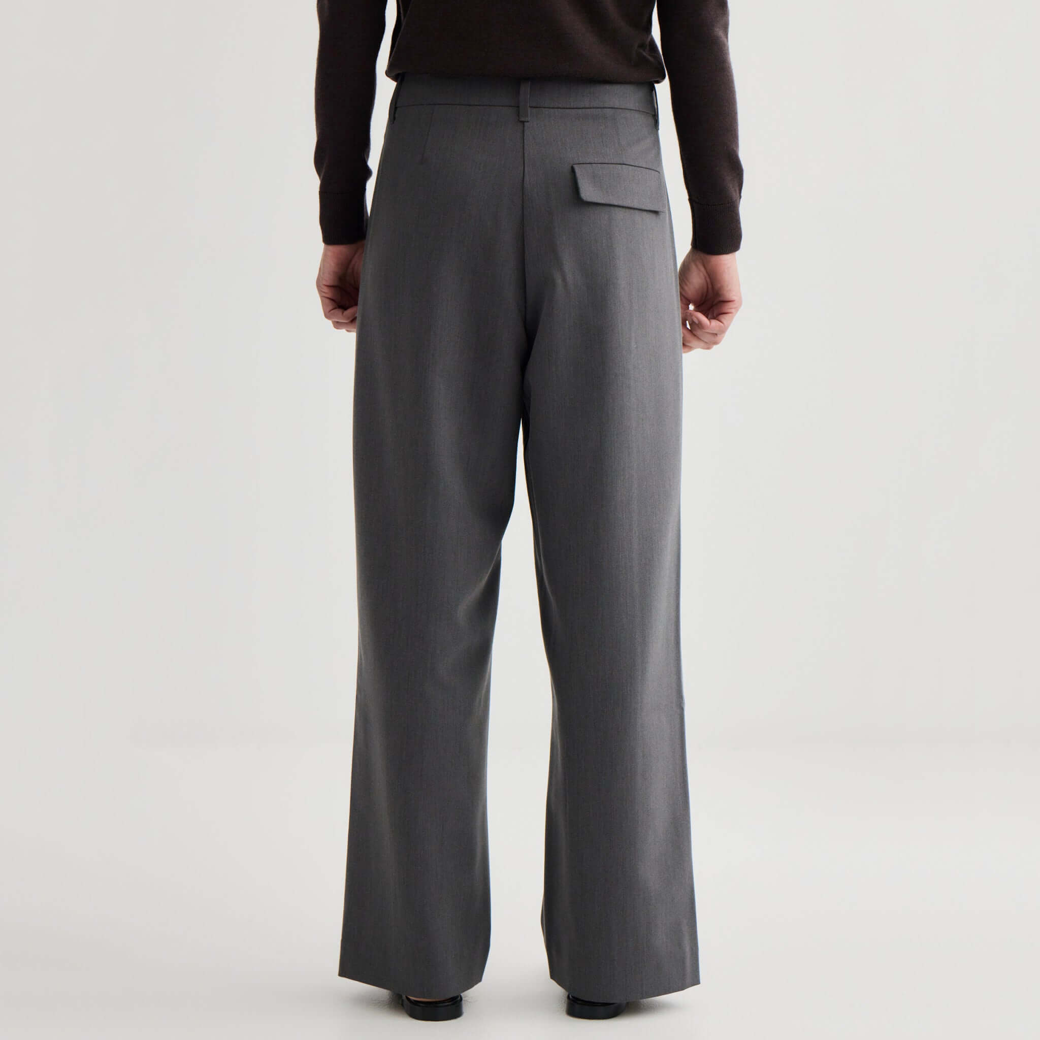 Alt Tag: Laing Invert Pleat Pants - Pewter back view women’s wide-leg trousers with fluid drape and tailored fit