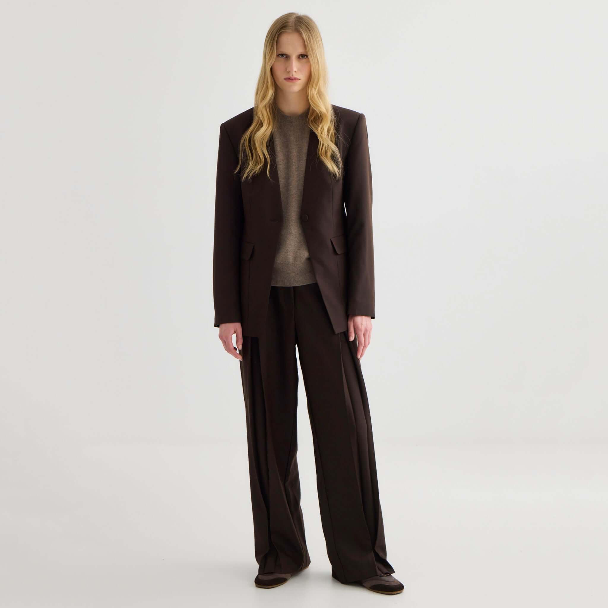 Laing Invert Pleat Pants - Truffle wide-leg trousers on model, fluid drape and flattering rise for office-to-evening wear