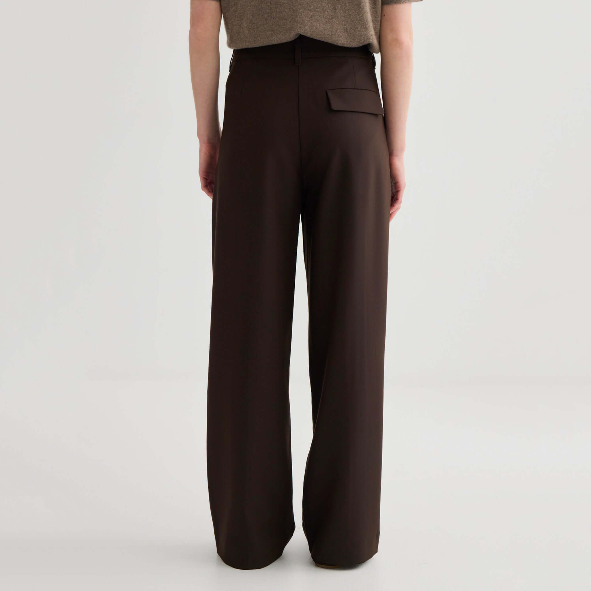 Alt Tag: Laing Invert Pleat Pants - Truffle women’s wide-leg trousers back view, fluid drape, tailored fit for office-to-evening wear