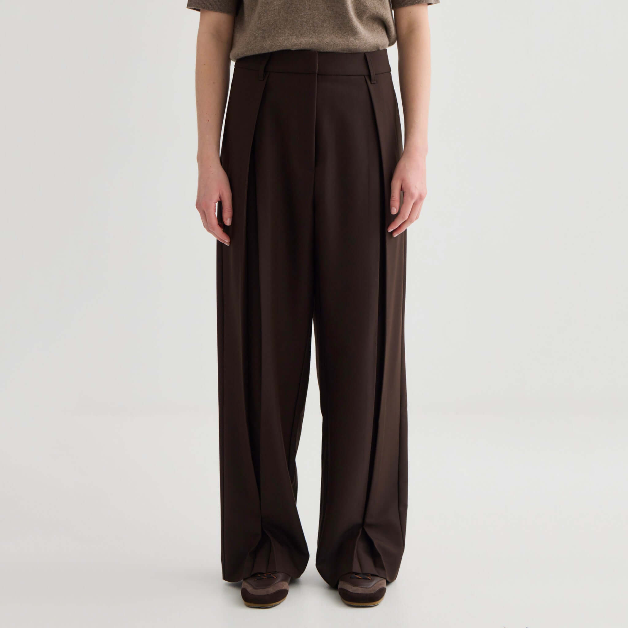 Alt Tag: Laing Invert Pleat Pants - Truffle wide-leg trousers with inverted pleat front, polished office-ready fit