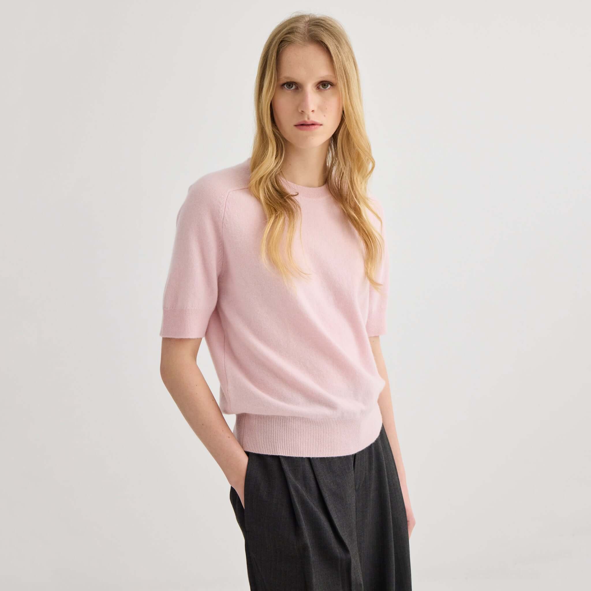 Alt Tag: Laing Jasper Cashmere Short Sleeve Crewneck - Blush lightweight 100% cashmere short sleeve crewneck knit top, front view