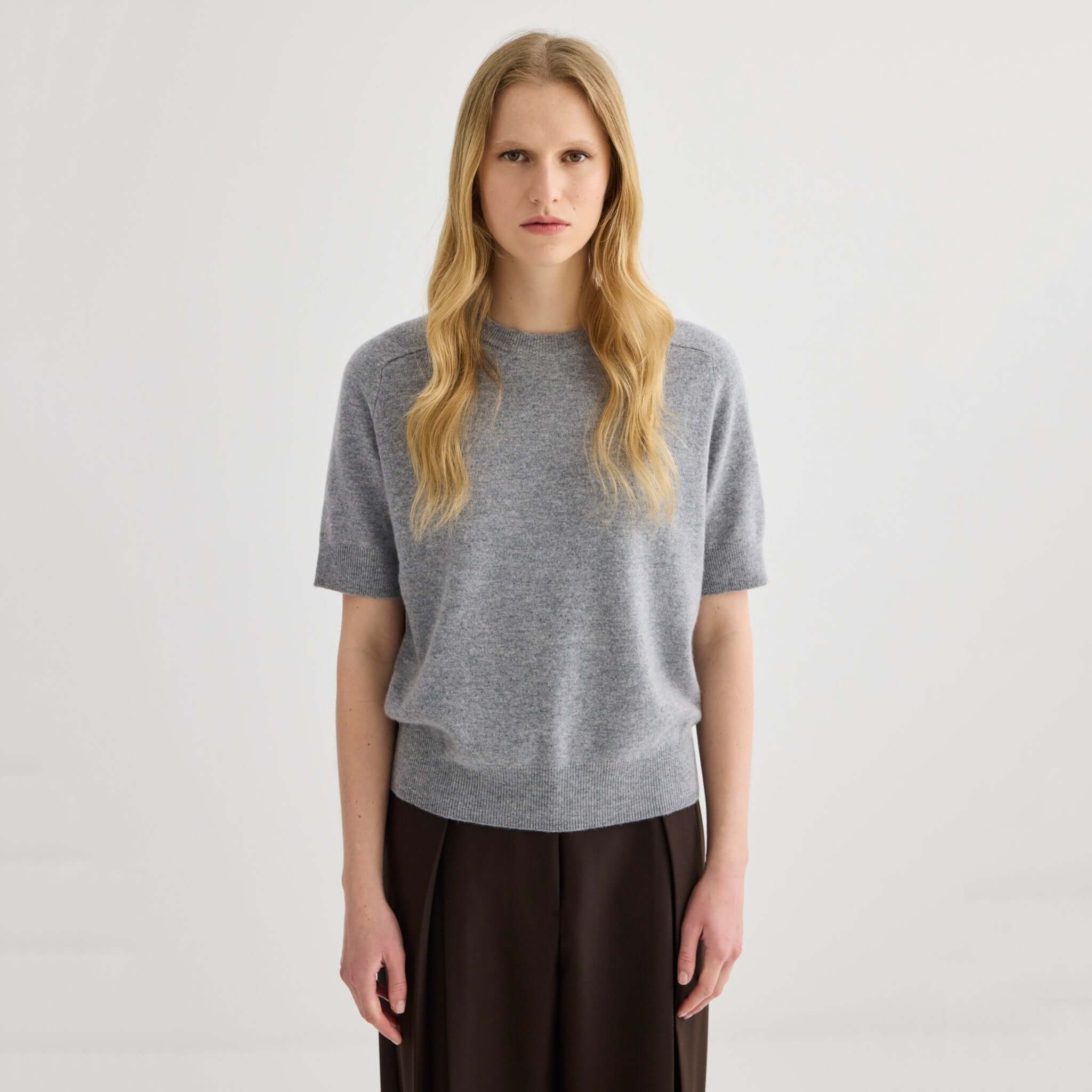Alt Tag: Laing Jasper Cashmere Short Sleeve Crewneck - Grey Marle, grey marle cashmere short sleeve crewneck knit t-shirt on model